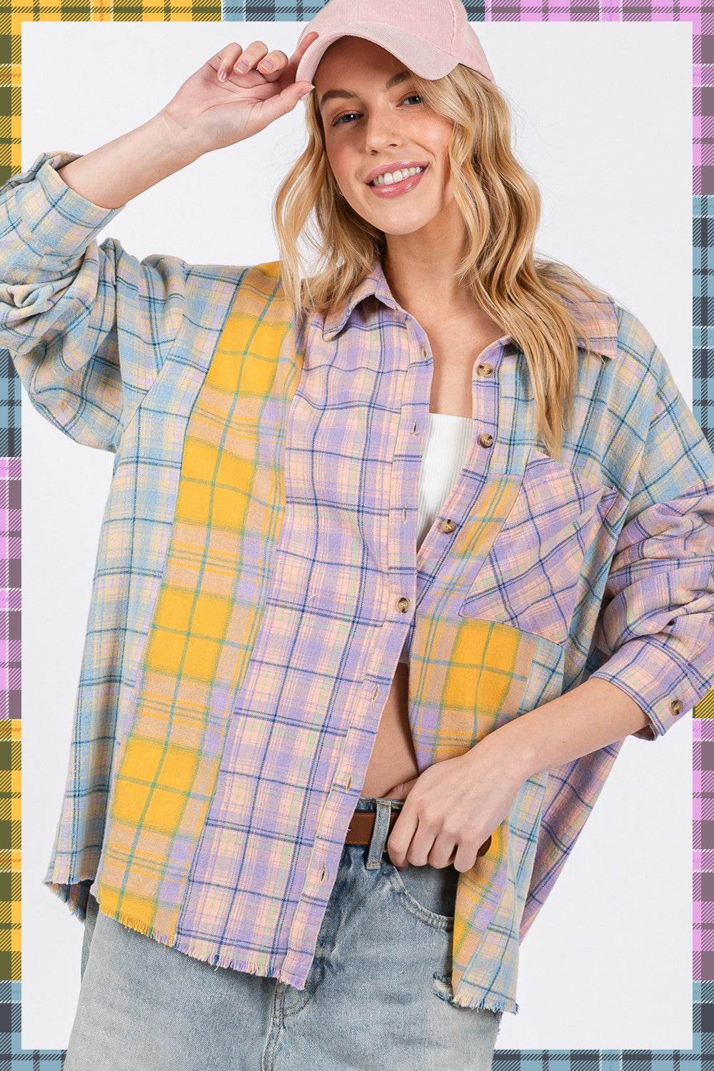 SAGE + FIG Button Up Raw Hem Plaid Flannel Shirt - DaTrendStore.Com