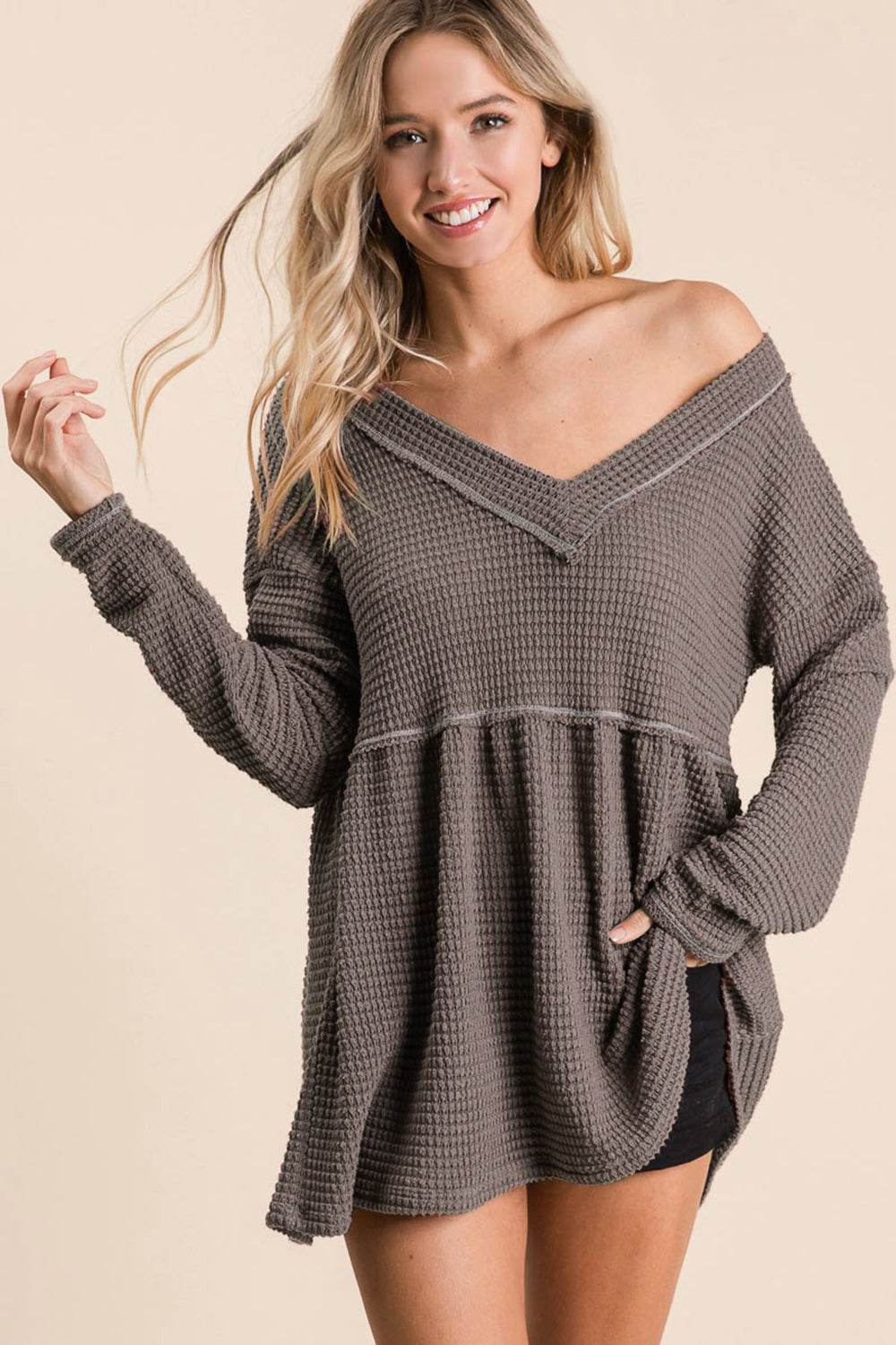BiBi Waffle Knit V-Neck Babydoll Blouse - DaTrendStore.Com
