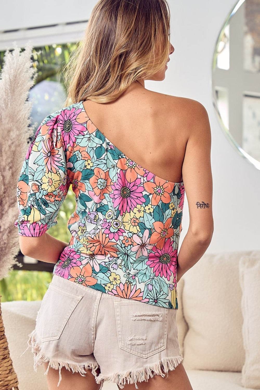 BiBi Floral Puff Sleeve One Shoulder Top - DaTrendStore.Com