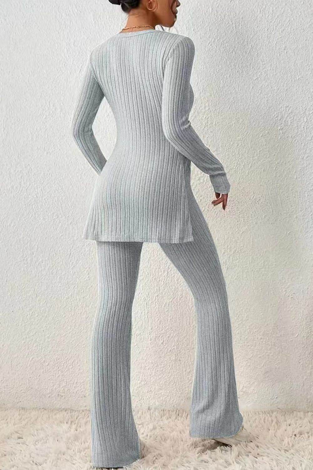 Ribbed Long Sleeve Slit Top and Bootcut Pants Set - DaTrendStore.Com