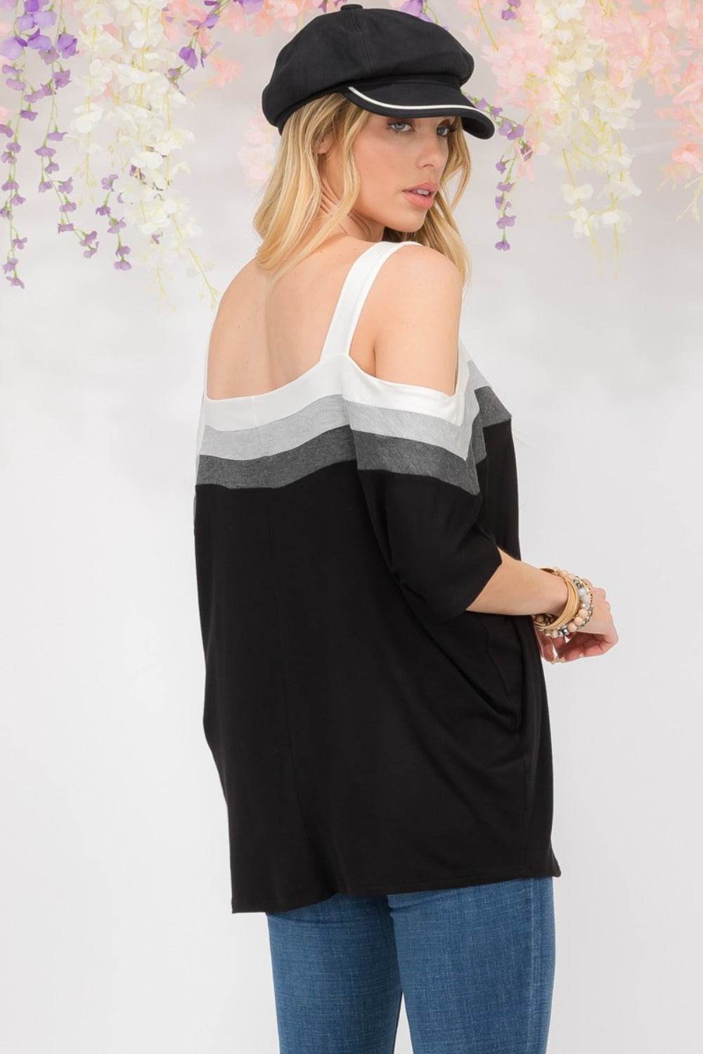 Celeste Full Size Striped Cold Shoulder Top - DaTrendStore.Com
