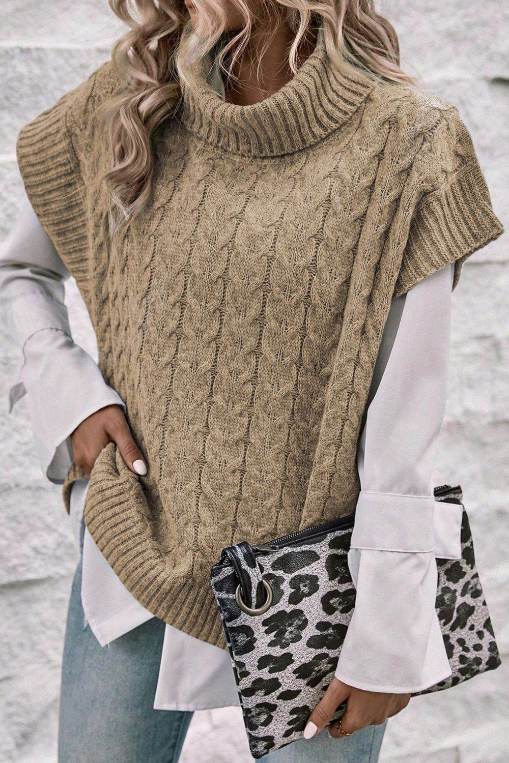 Cable Knit Turtleneck Short Sleeve Sweater - DaTrendStore.Com