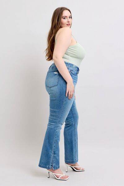 Judy Blue HW Tummy Control Vintage Wash Side Slit Slim Boot Jeans - DaTrendStore.Com