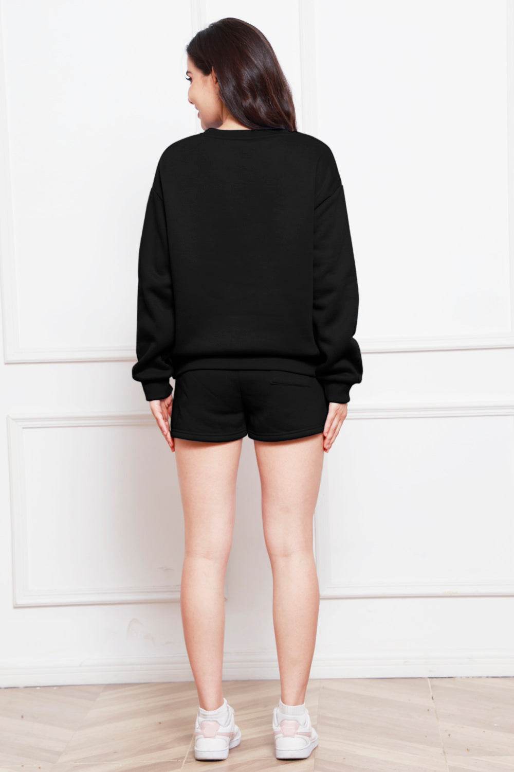 Round Neck Long Sleeve Sweatshirt and Drawstring Shorts Set - DaTrendStore.Com