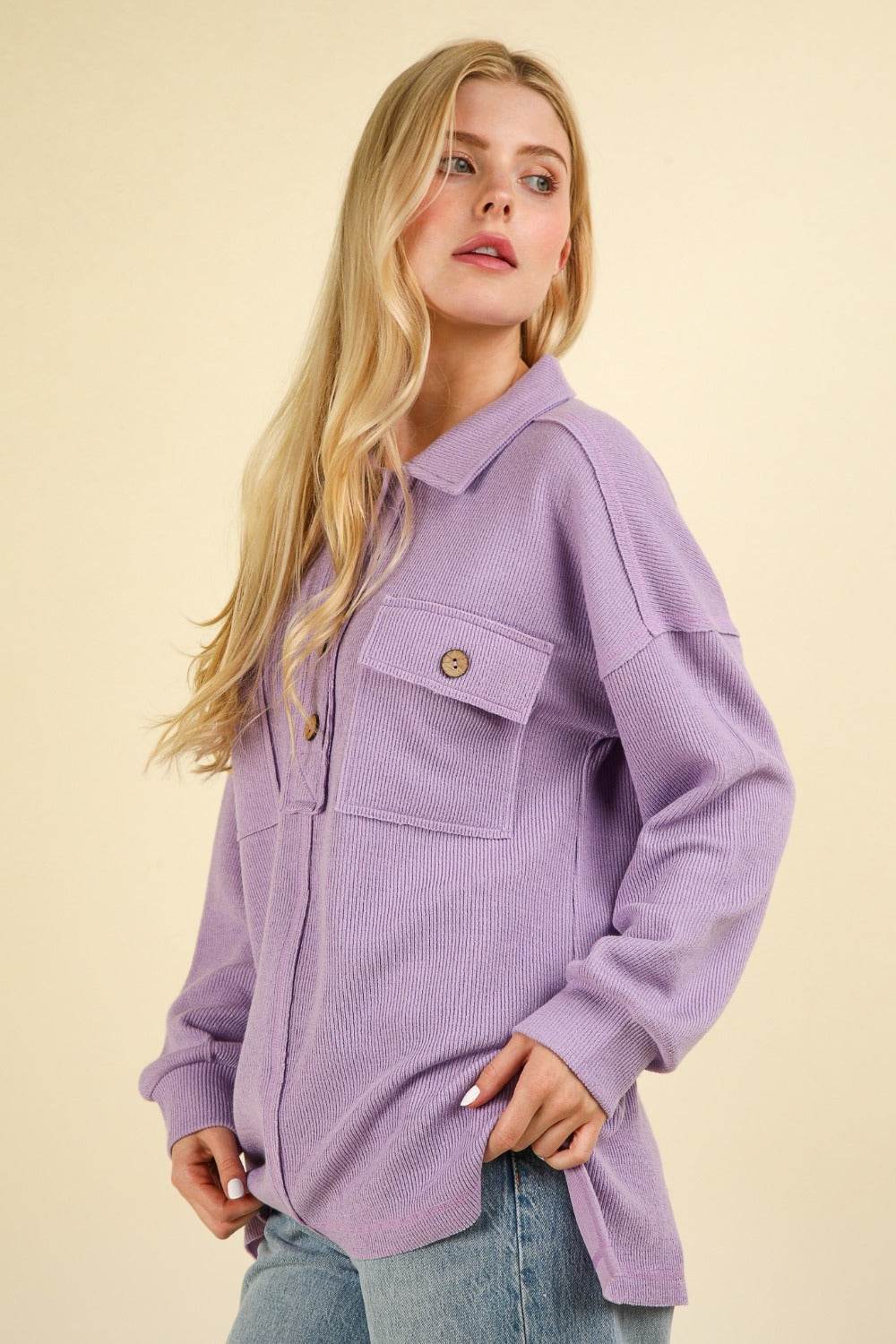 VERY J Collared Half Button Knit Top with Pockets - DaTrendStore.Com