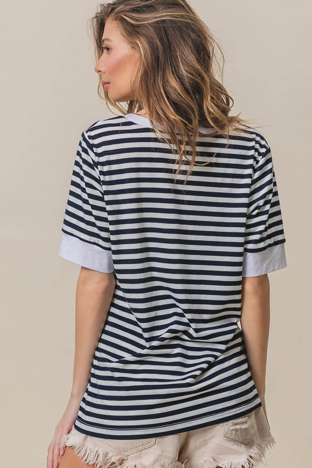 BiBi Contrast Striped Notched Knit Top - DaTrendStore.Com