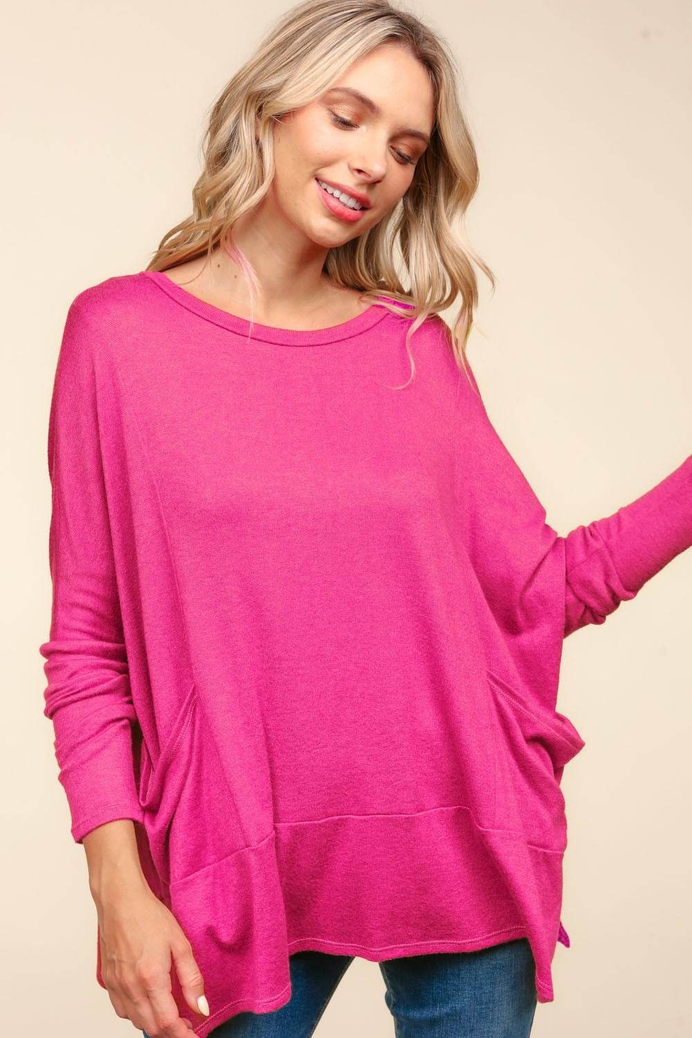 Haptics Dolman Long Sleeve Oversized Knit Top with Pockets - DaTrendStore.Com
