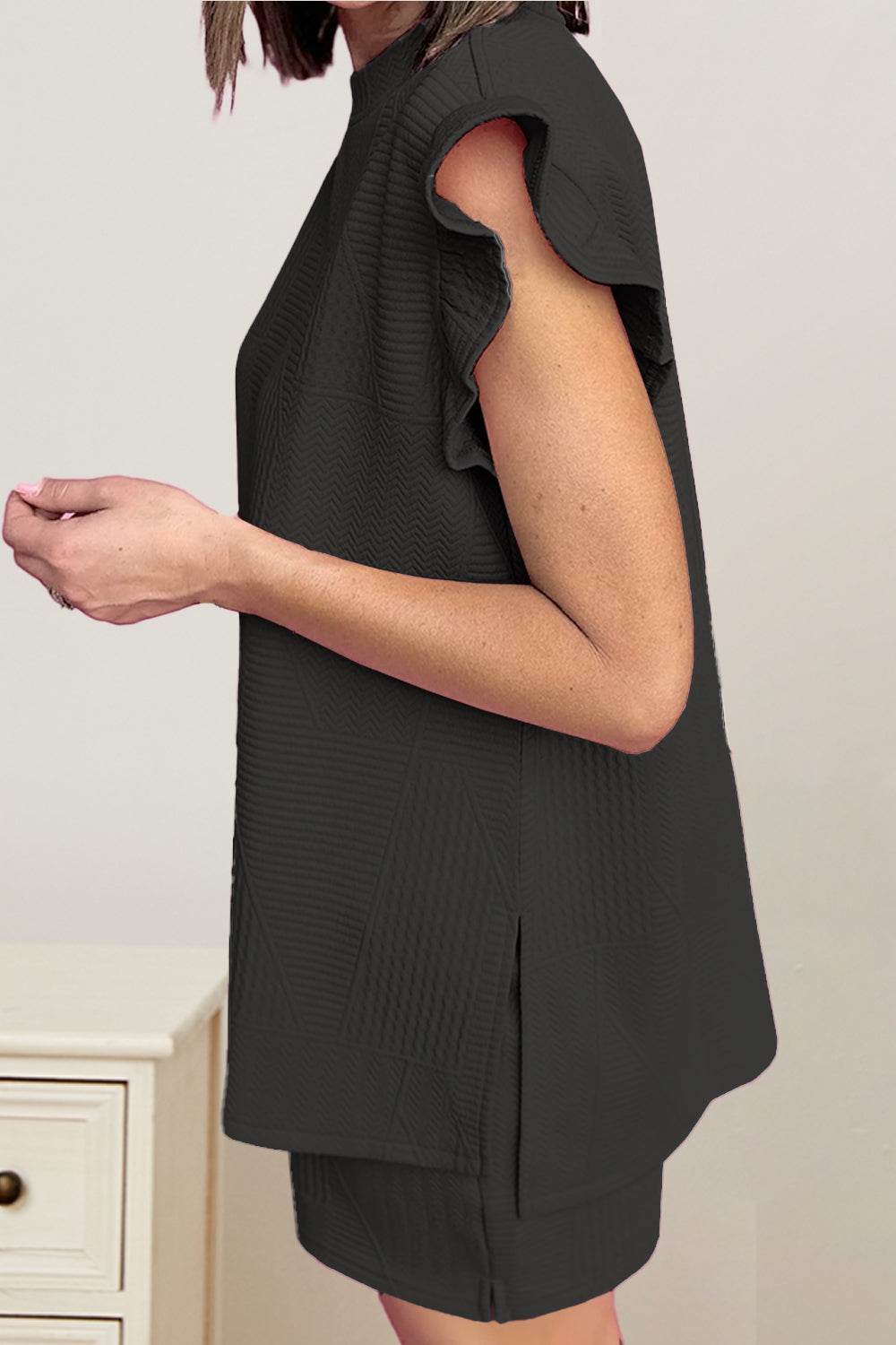 Slit Round Neck Top and Drawstring Shorts Set - DaTrendStore.Com