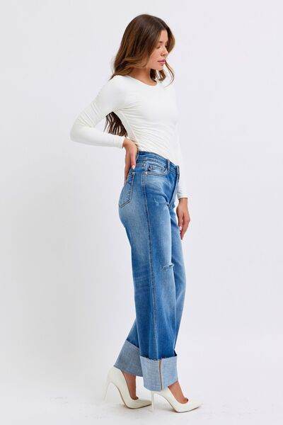 Judy Blue Full Size Distressed High Waist Wide Leg Jeans - DaTrendStore.Com
