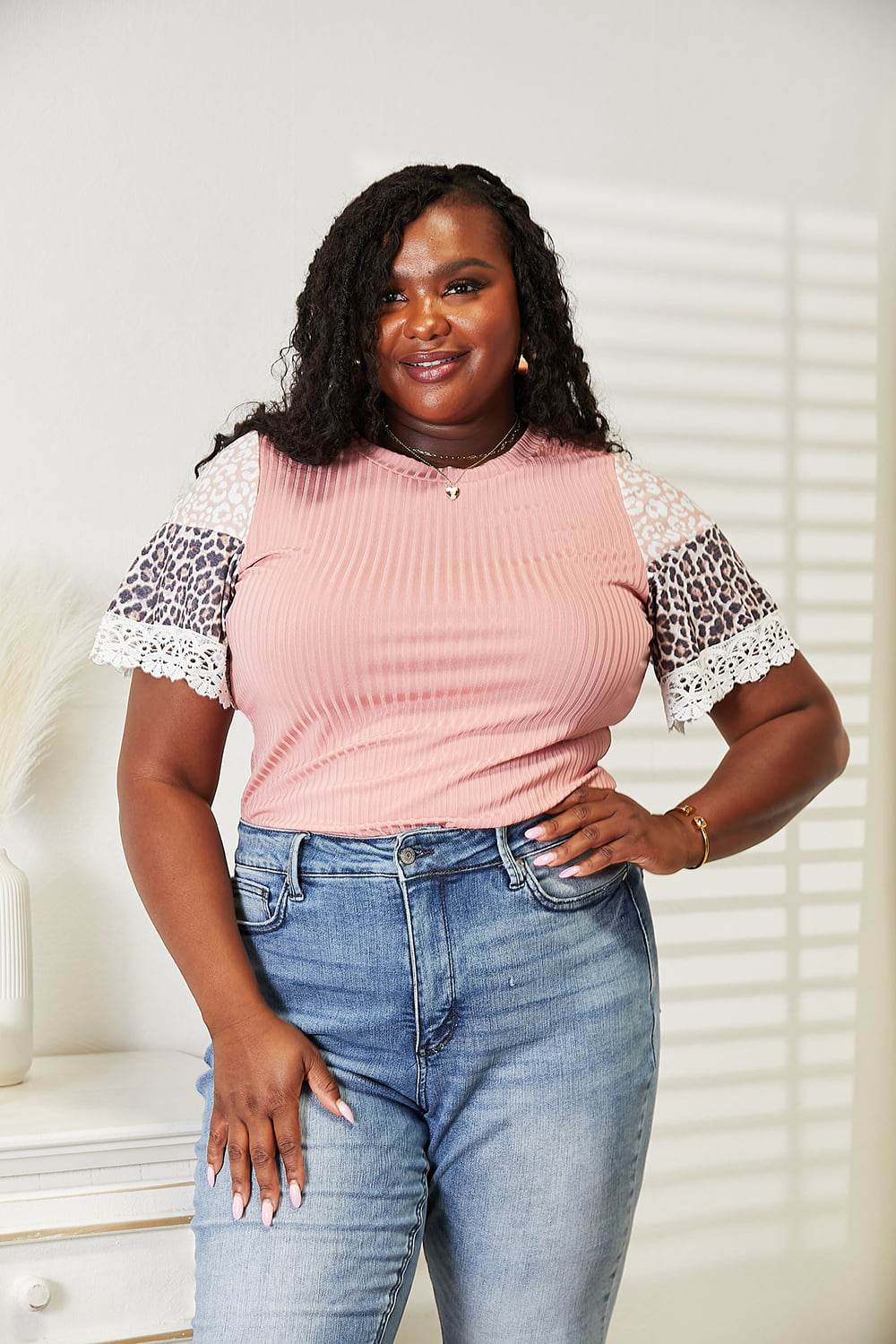 Double Take Leopard Lace Trim Ribbed Round Neck Top - DaTrendStore.Com