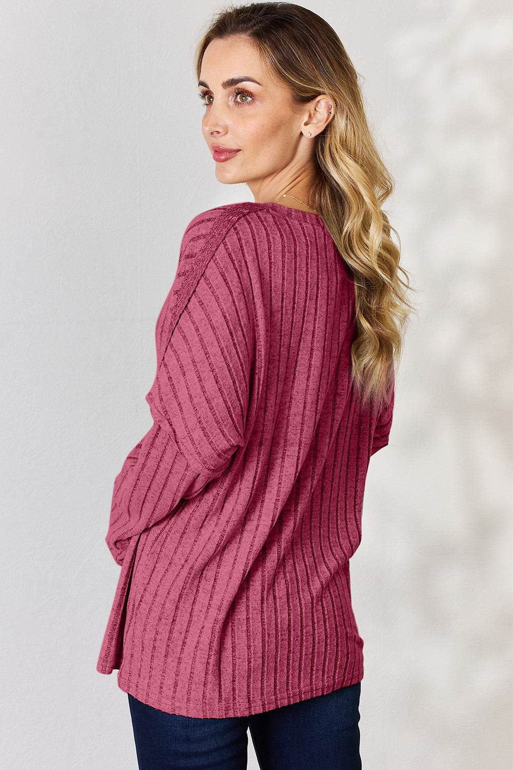 Basic Bae Full Size Ribbed Half Button Long Sleeve T-Shirt - DaTrendStore.Com