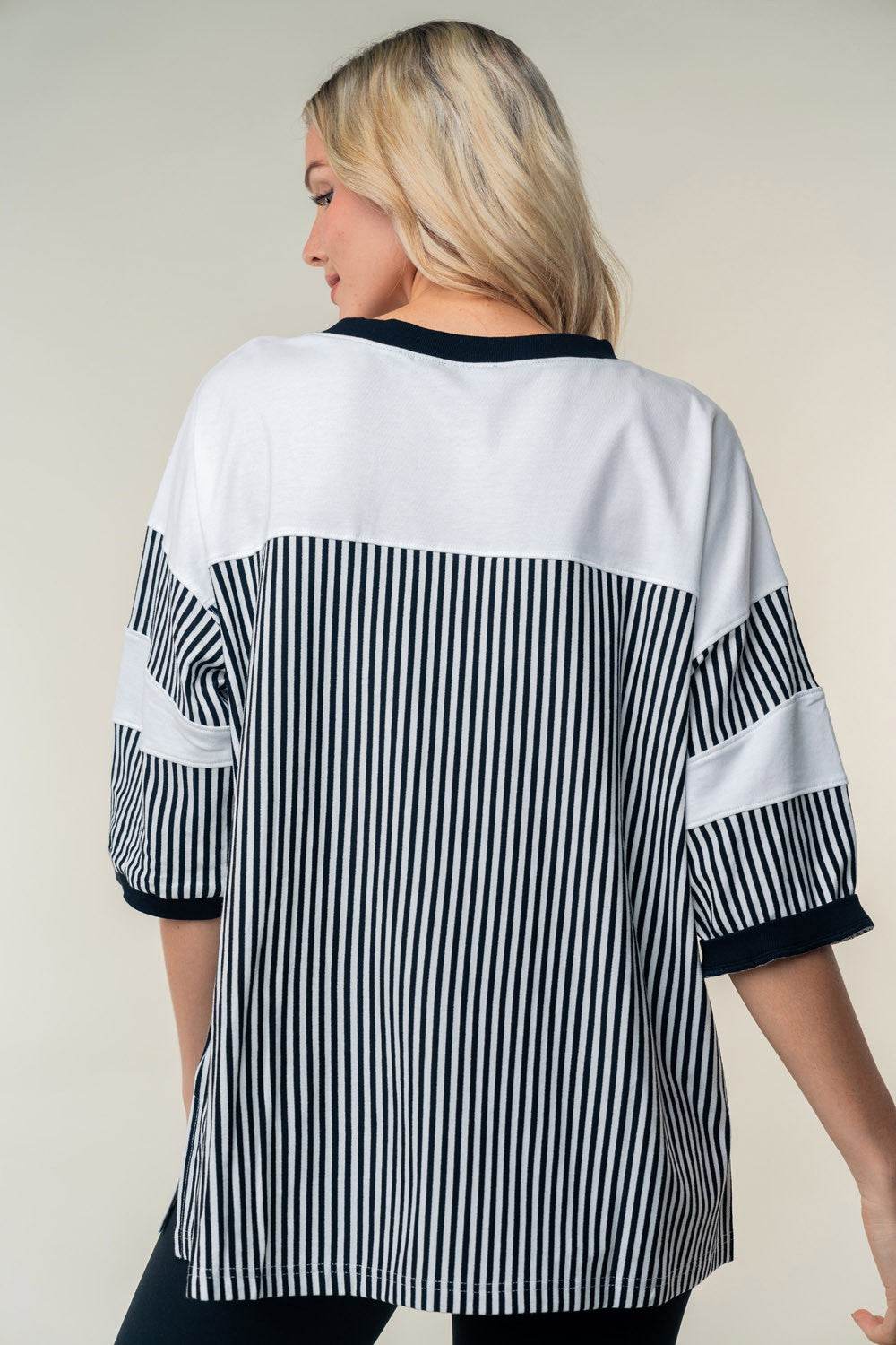 White Birch Full Size Striped Contrast Round Neck Top - DaTrendStore.Com
