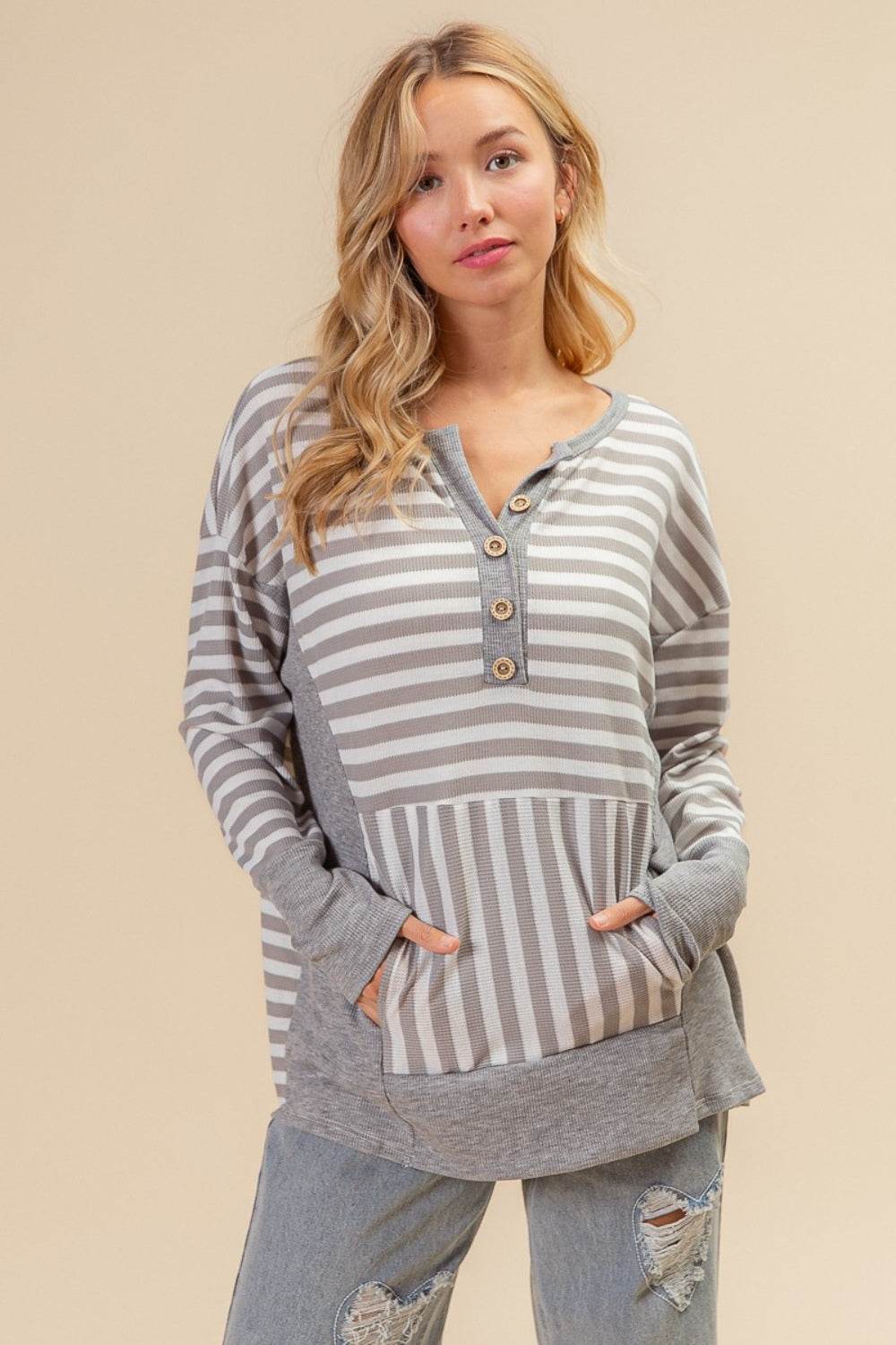 BiBi Striped Thumbhole Long Sleeve Top - DaTrendStore.Com