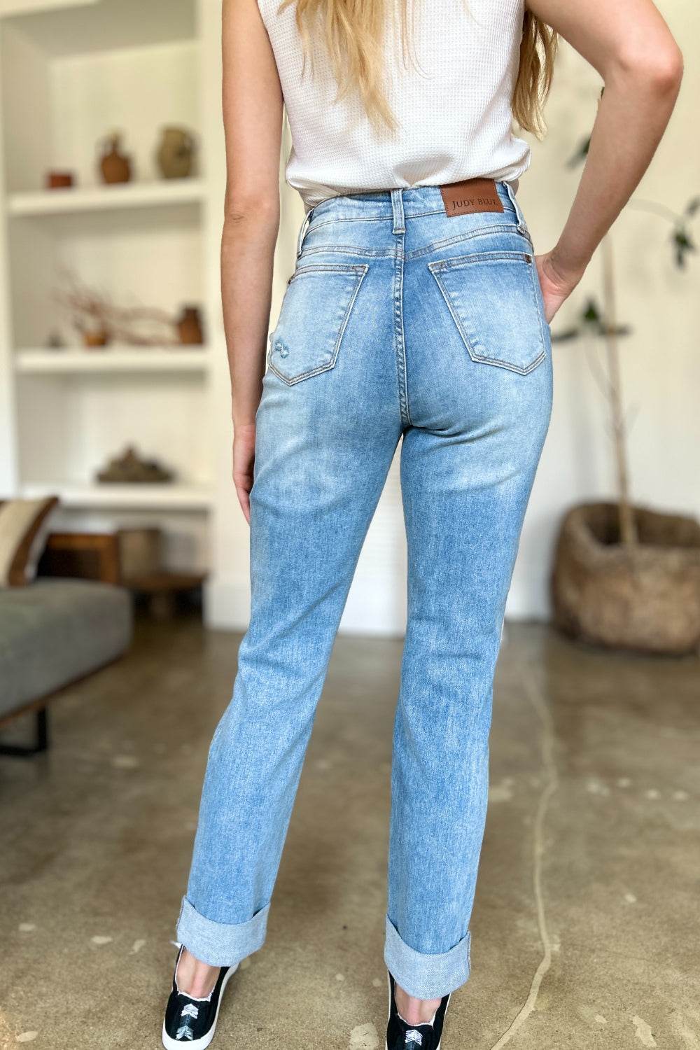 Judy Blue Full Size Distressed Straight Jeans with Patch Pockets - DaTrendStore.Com