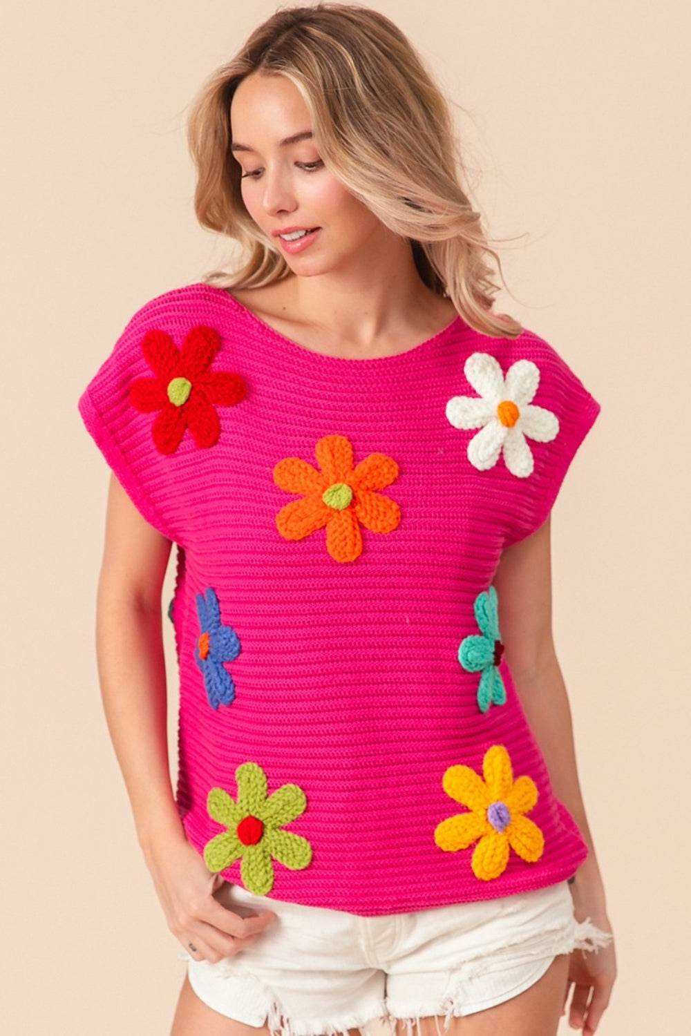 BiBi Flower Round Neck Cap Sleeve Knit Top - DaTrendStore.Com