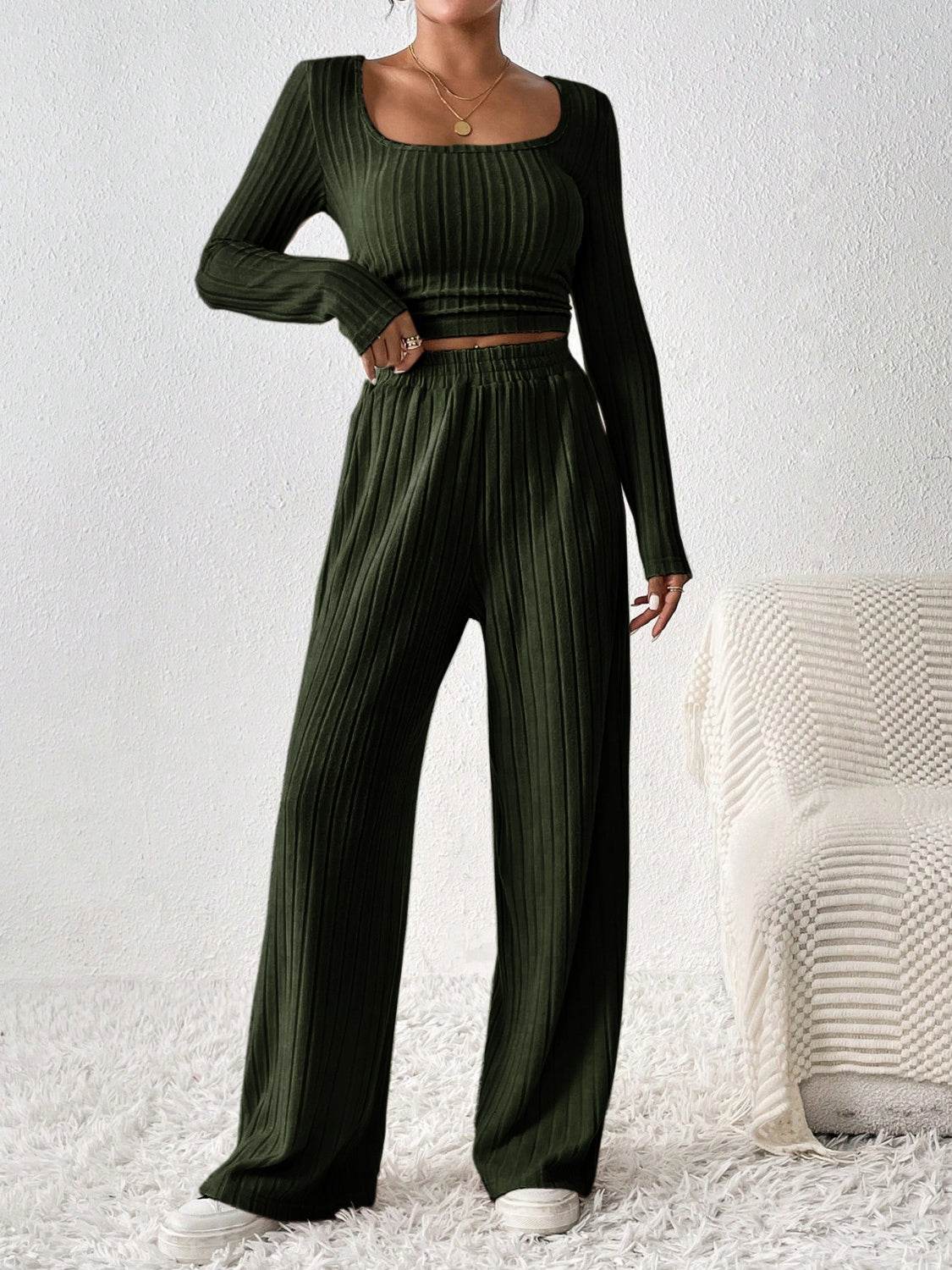 Honey Scoop Neck Long Sleeve Top and Pants Set - DaTrendStore.Com