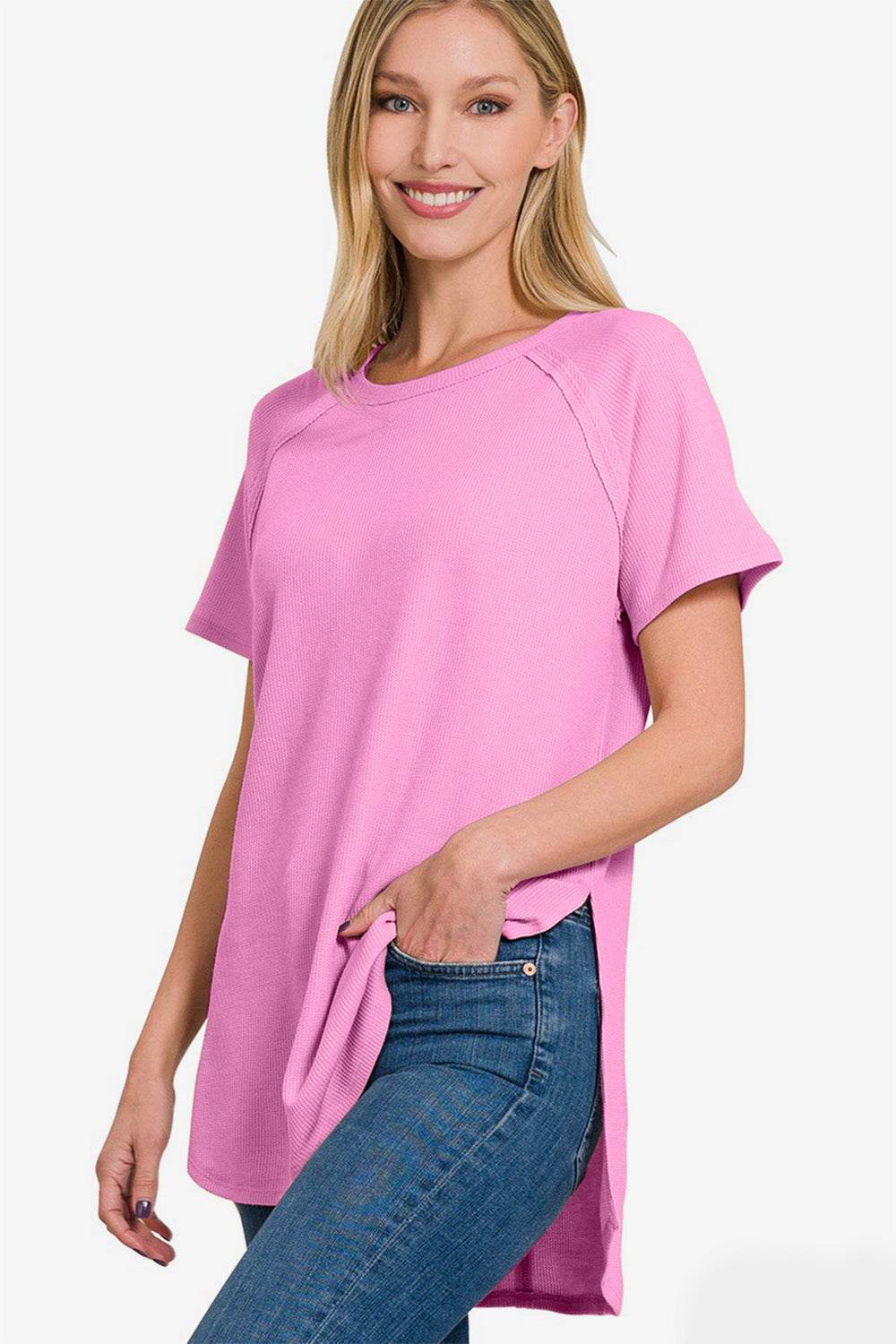 Zenana Slit Round Neck Short Sleeve Waffle Top - DaTrendStore.Com