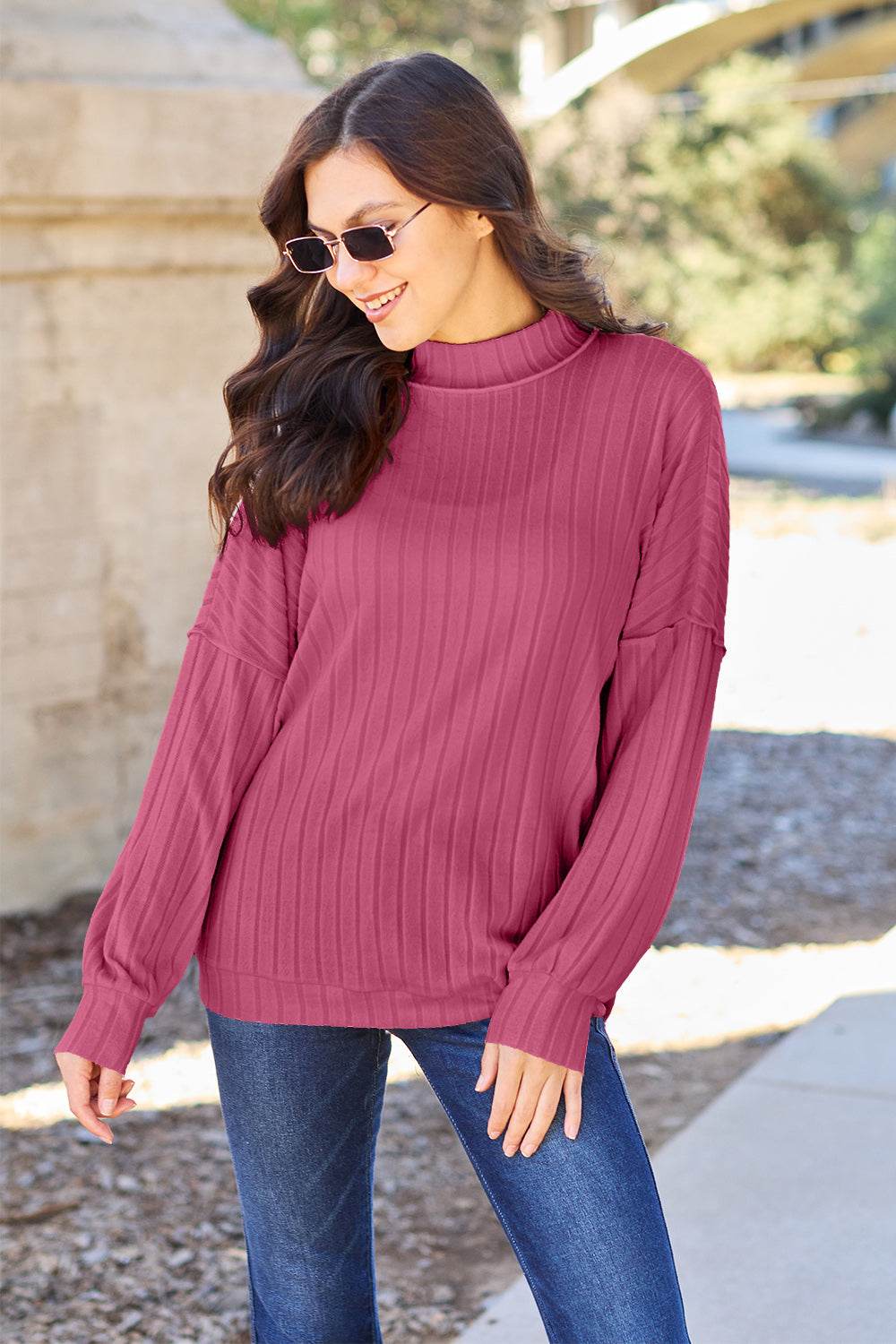 Basic Bae Full Size Ribbed Exposed Seam Mock Neck Knit Top - DaTrendStore.Com