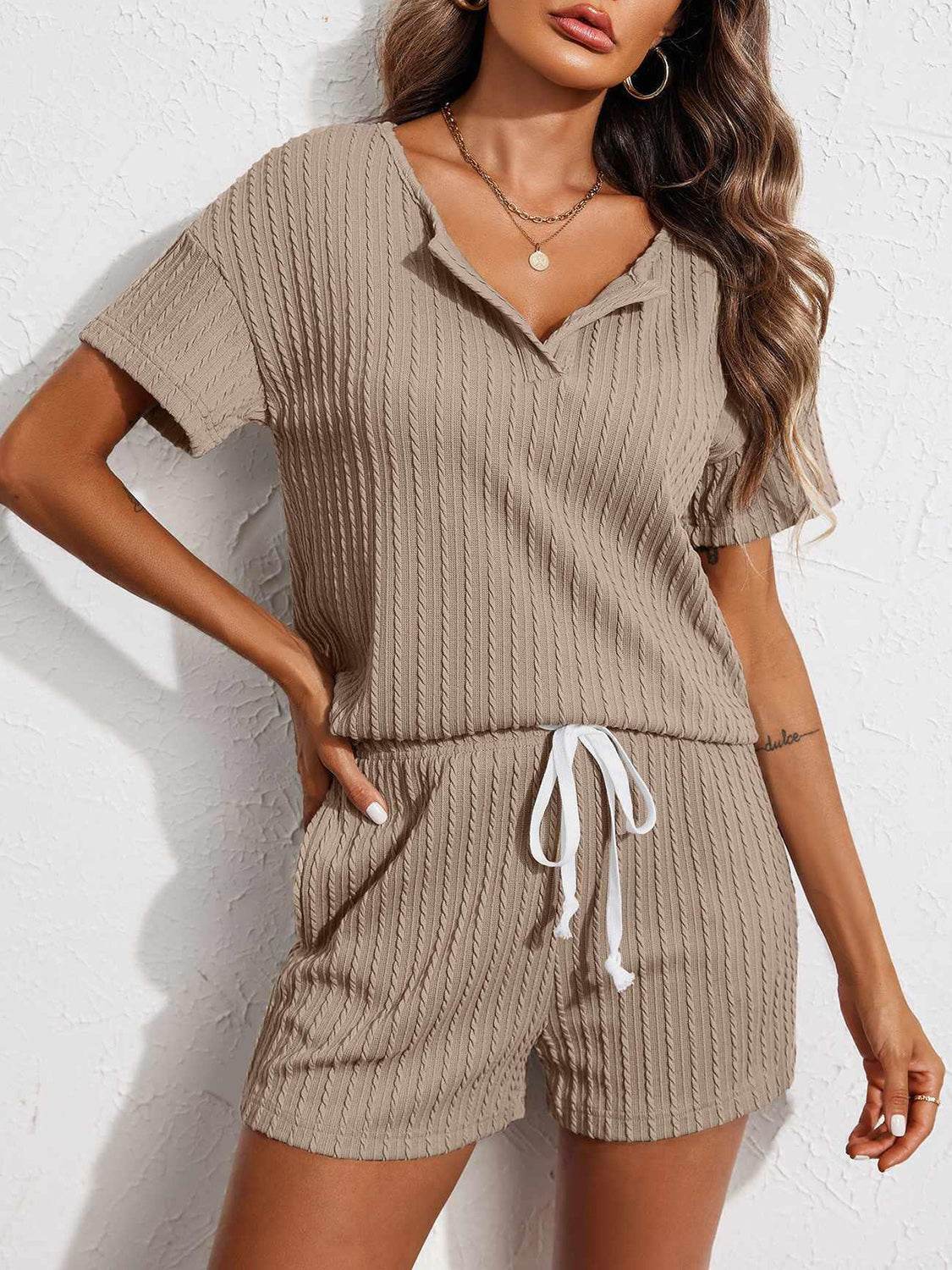 Notched Short Sleeve Top and Shorts Set - DaTrendStore.Com
