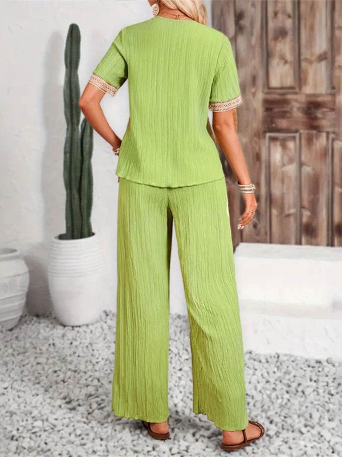 V-Neck Short Sleeve Top and Pants Set - DaTrendStore.Com