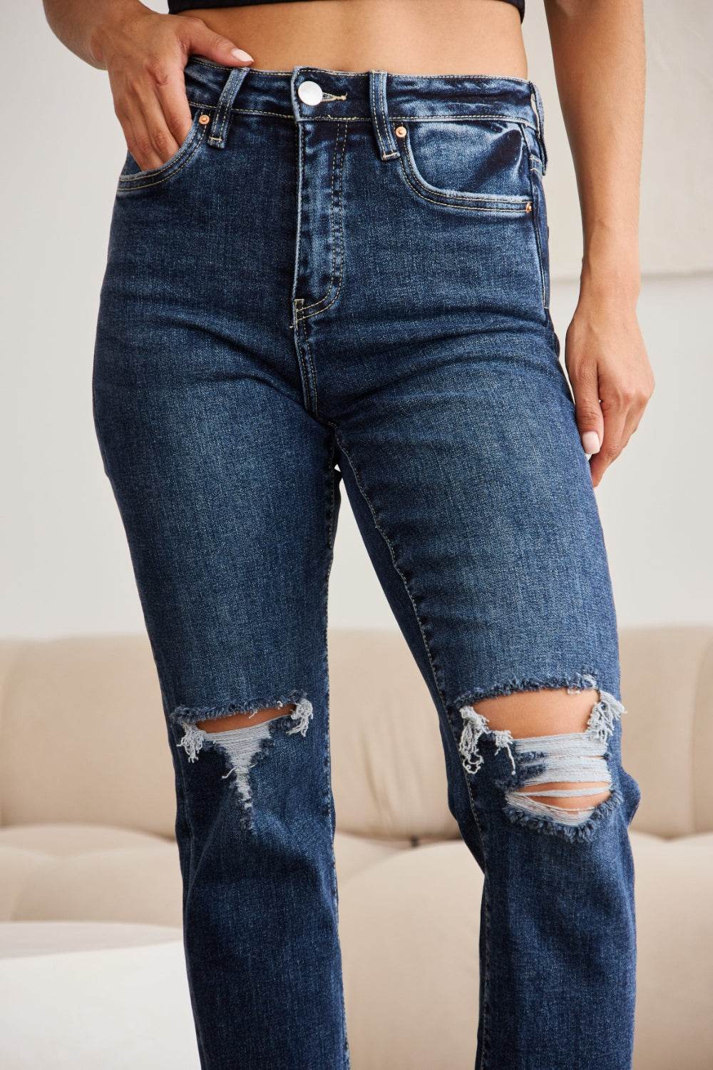 RFM Crop Dylan Full Size Tummy Control Distressed High Waist Raw Hem Jeans - DaTrendStore.Com