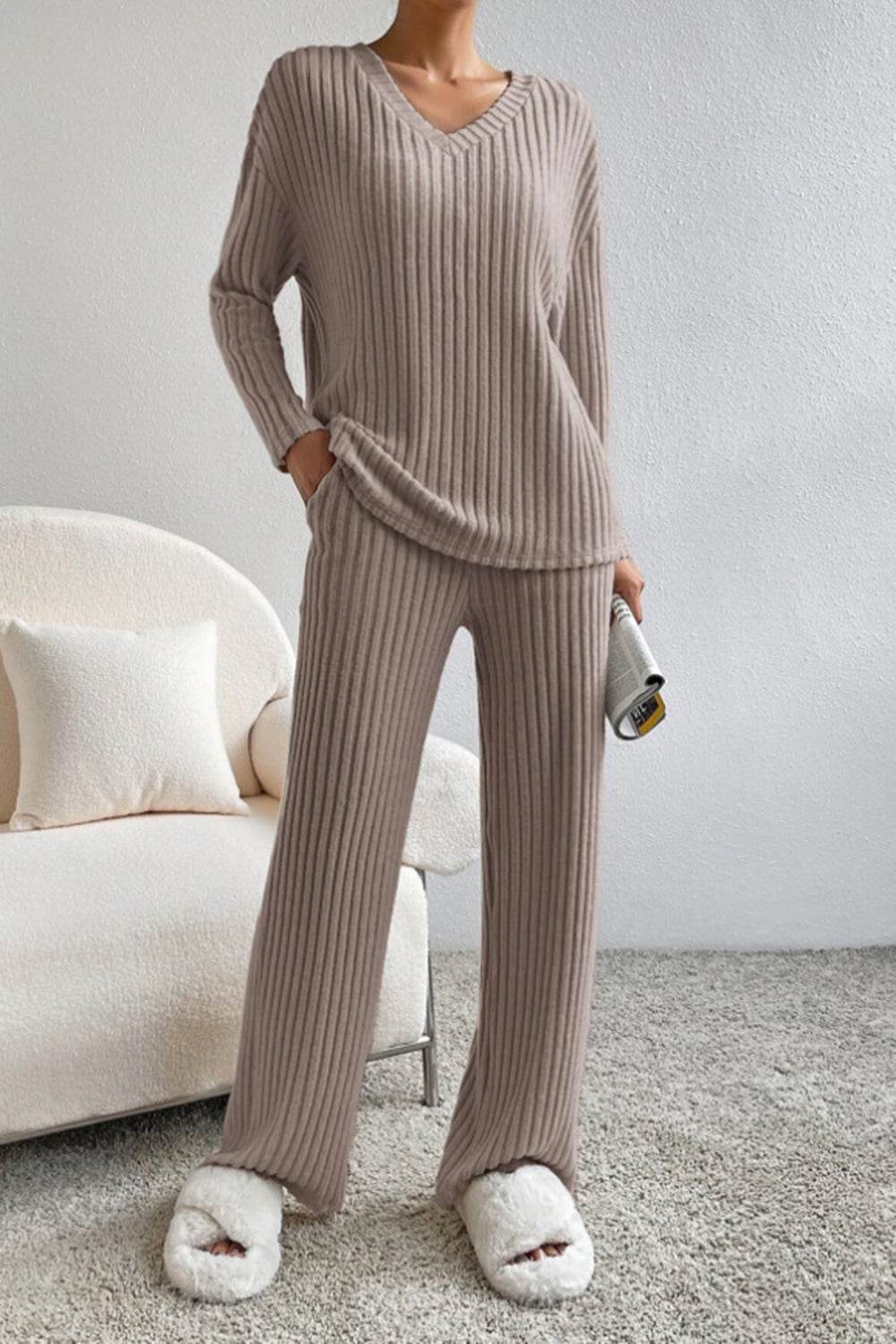 Ribbed V-Neck Top and Pants Set - DaTrendStore.Com