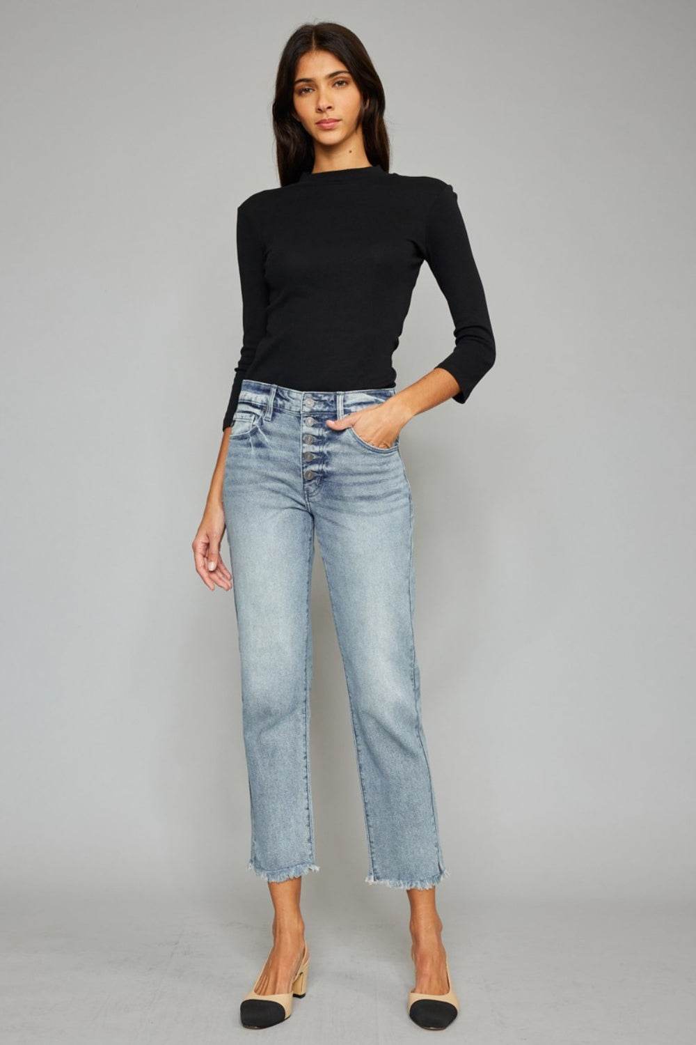 Kancan High Waist Button Fly Raw Hem Cropped Straight Jeans - DaTrendStore.Com
