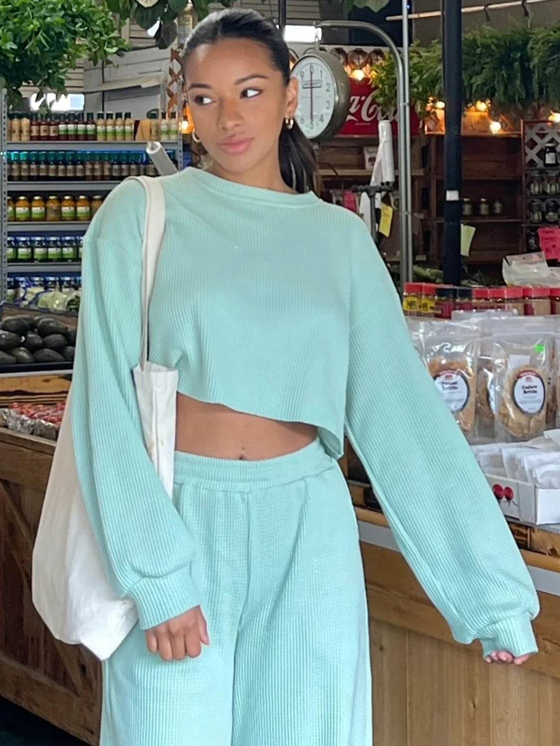 Waffle-Knit Round Neck Top and Pants Set - DaTrendStore.Com