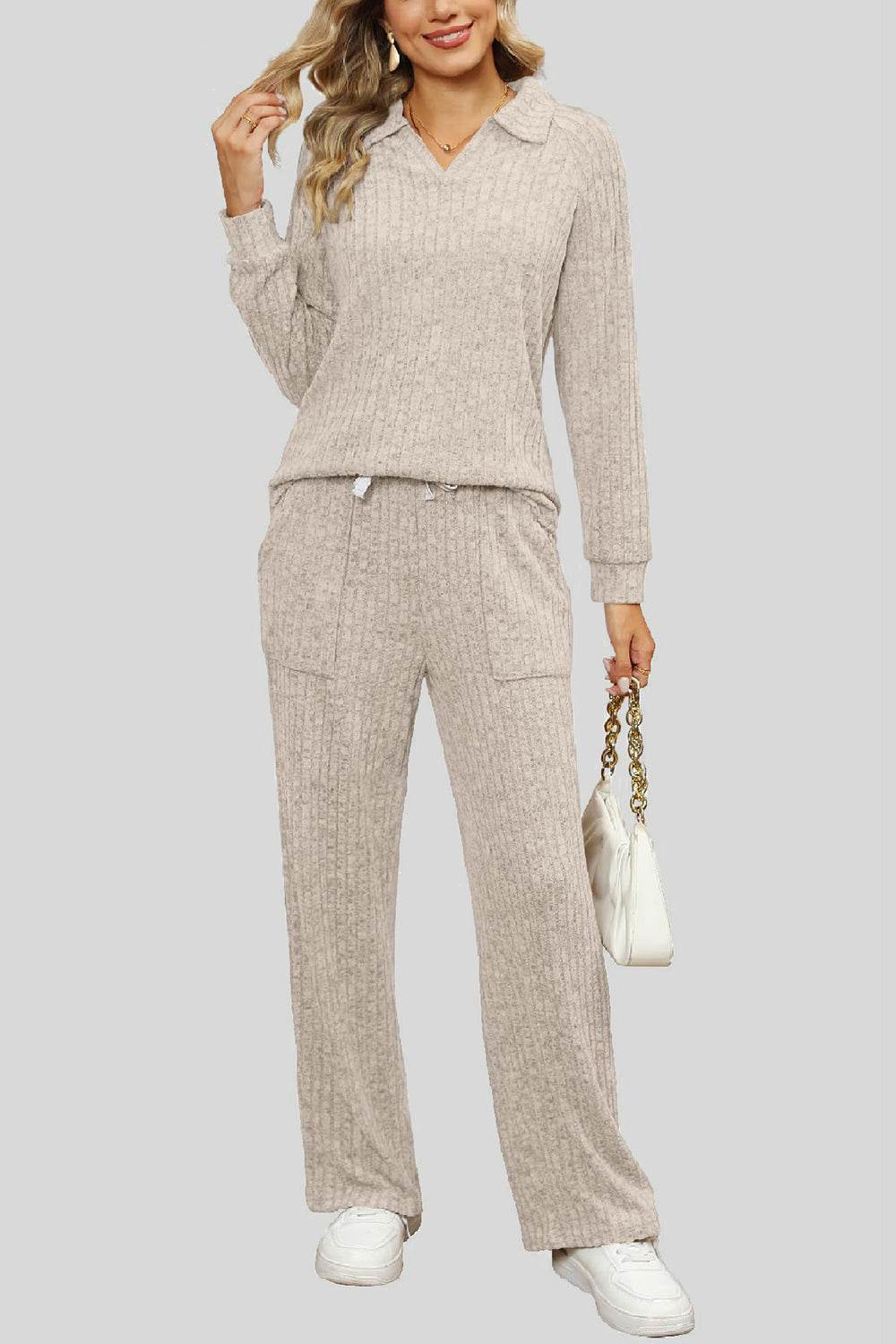 Ribbed Long Sleeve Top and Pocketed Pants Set - DaTrendStore.Com