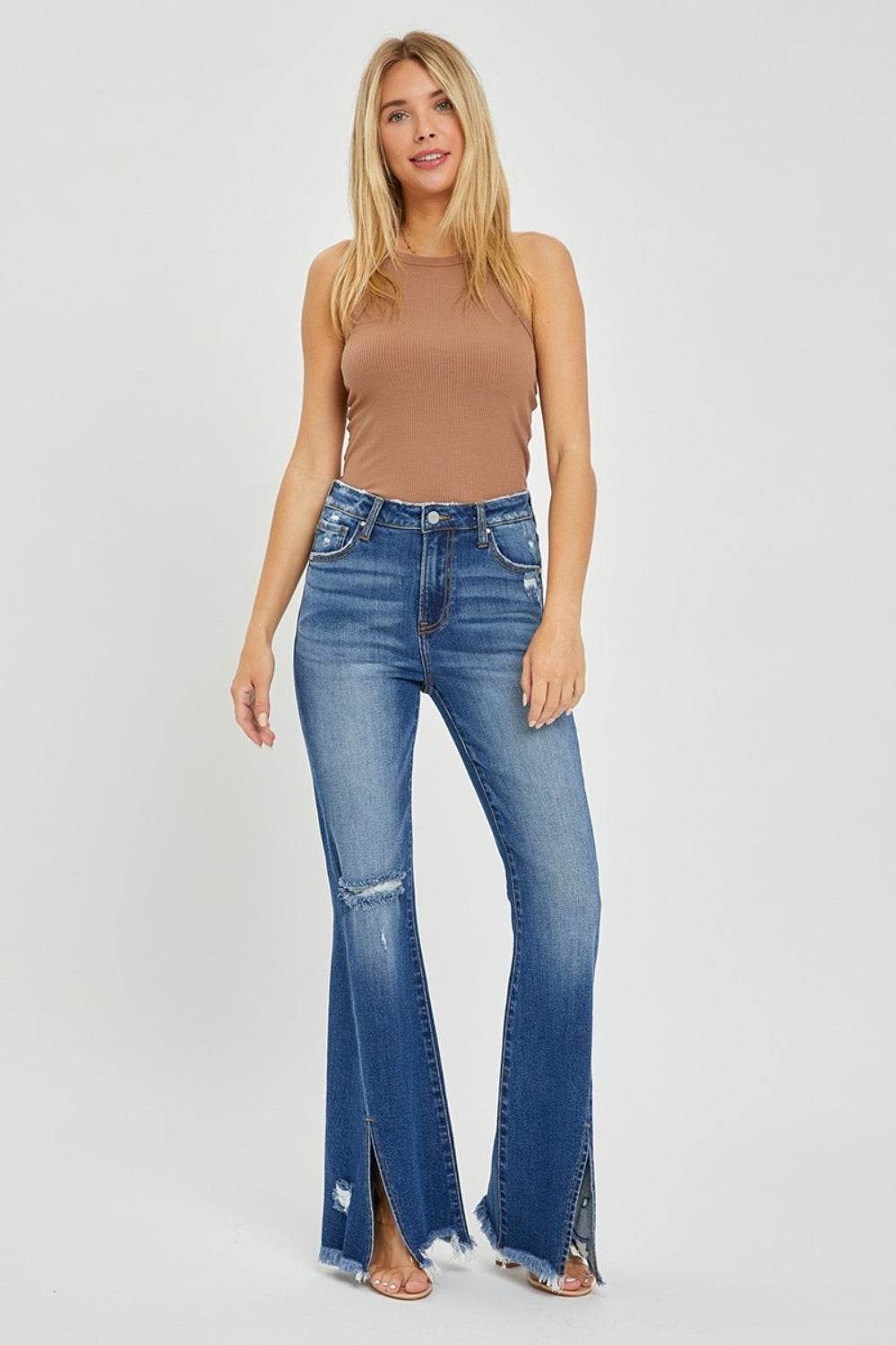 RISEN Full Size High Rise Front Slit Frayed Hem Flare Jeans - DaTrendStore.Com