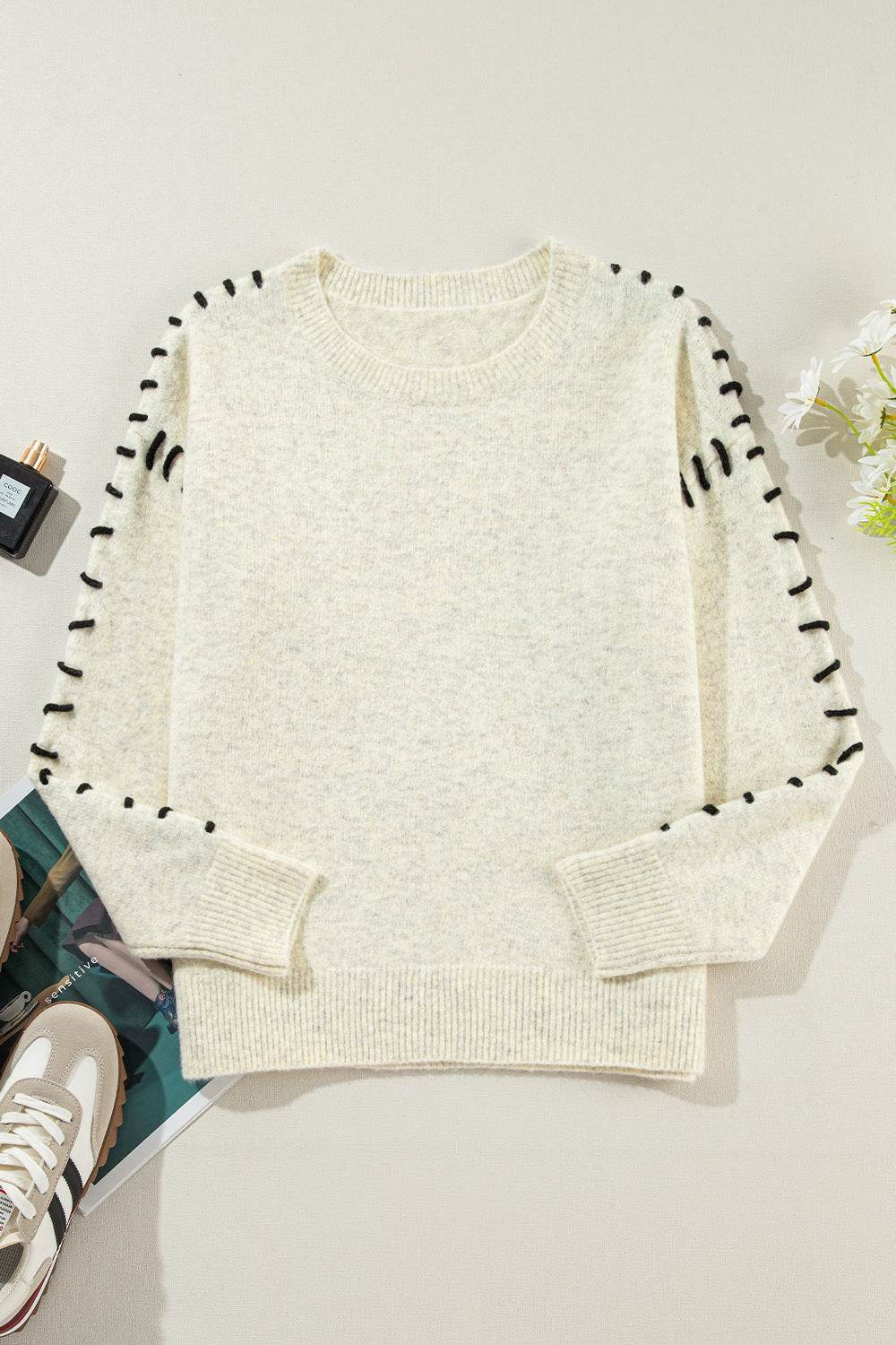Contrast Stitch Detail Ribbed Trim Sweater - DaTrendStore.Com