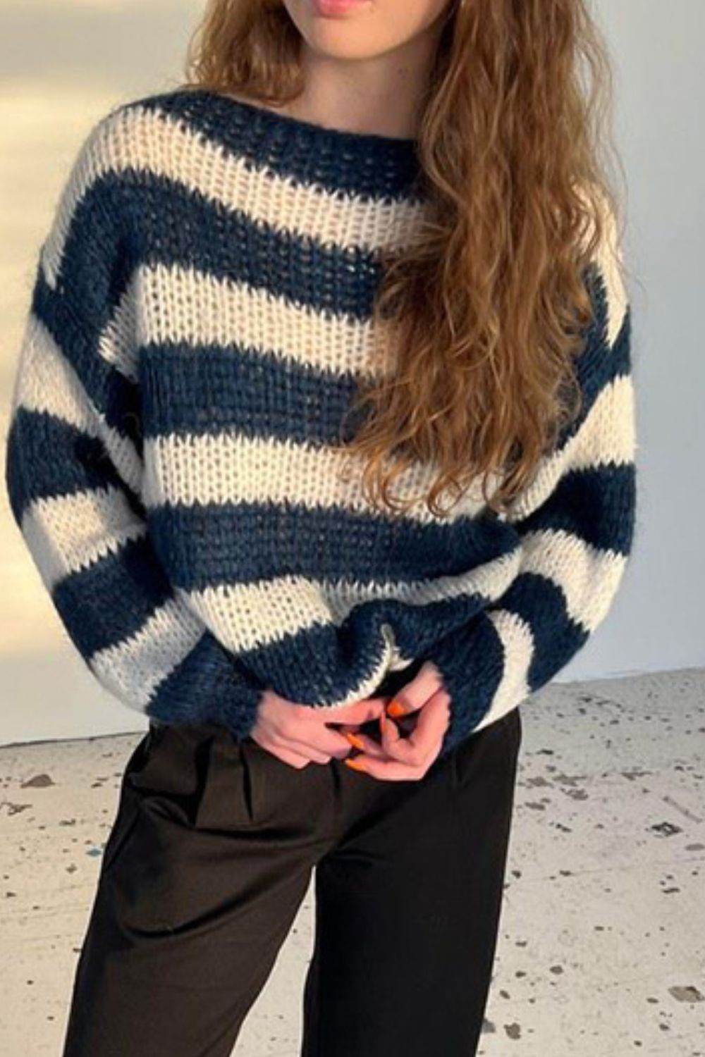 Contrast Striped Boat Neck Long Sleeve Sweater - DaTrendStore.Com