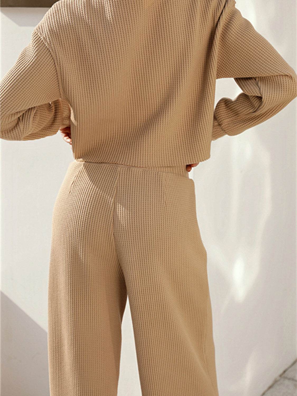 Waffle-Knit Round Neck Top and Pants Set - DaTrendStore.Com