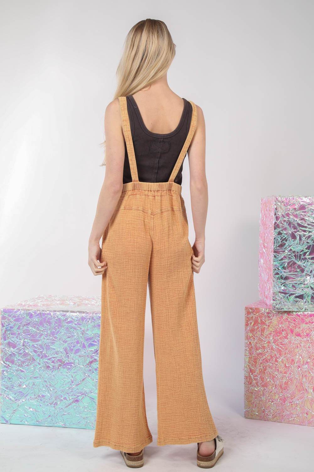 VERY J Texture Washed Wide Leg Overalls - DaTrendStore.Com