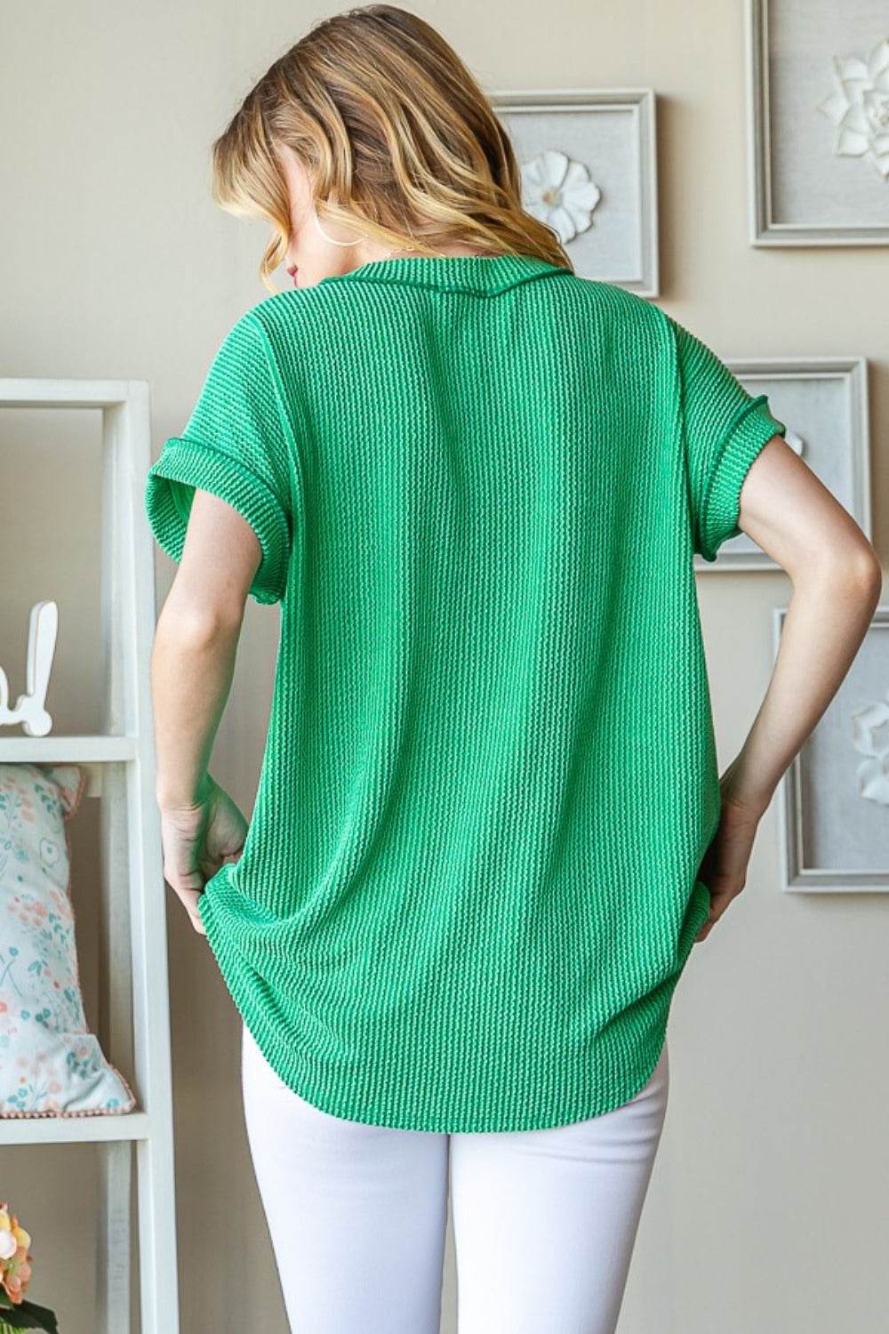 Heimish Full Size Front Pocket Short Sleeve Ribbed Top - DaTrendStore.Com