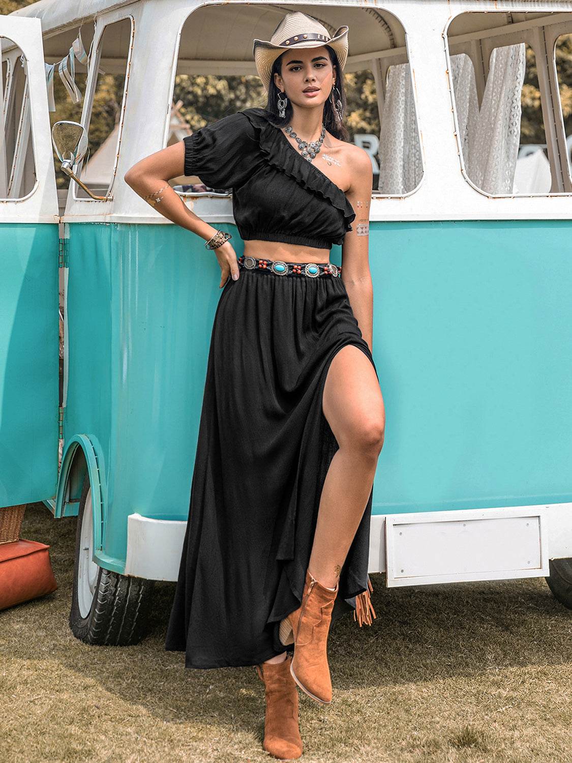 Ruffled Single Shoulder Top and Slit Skirt Set - DaTrendStore.Com