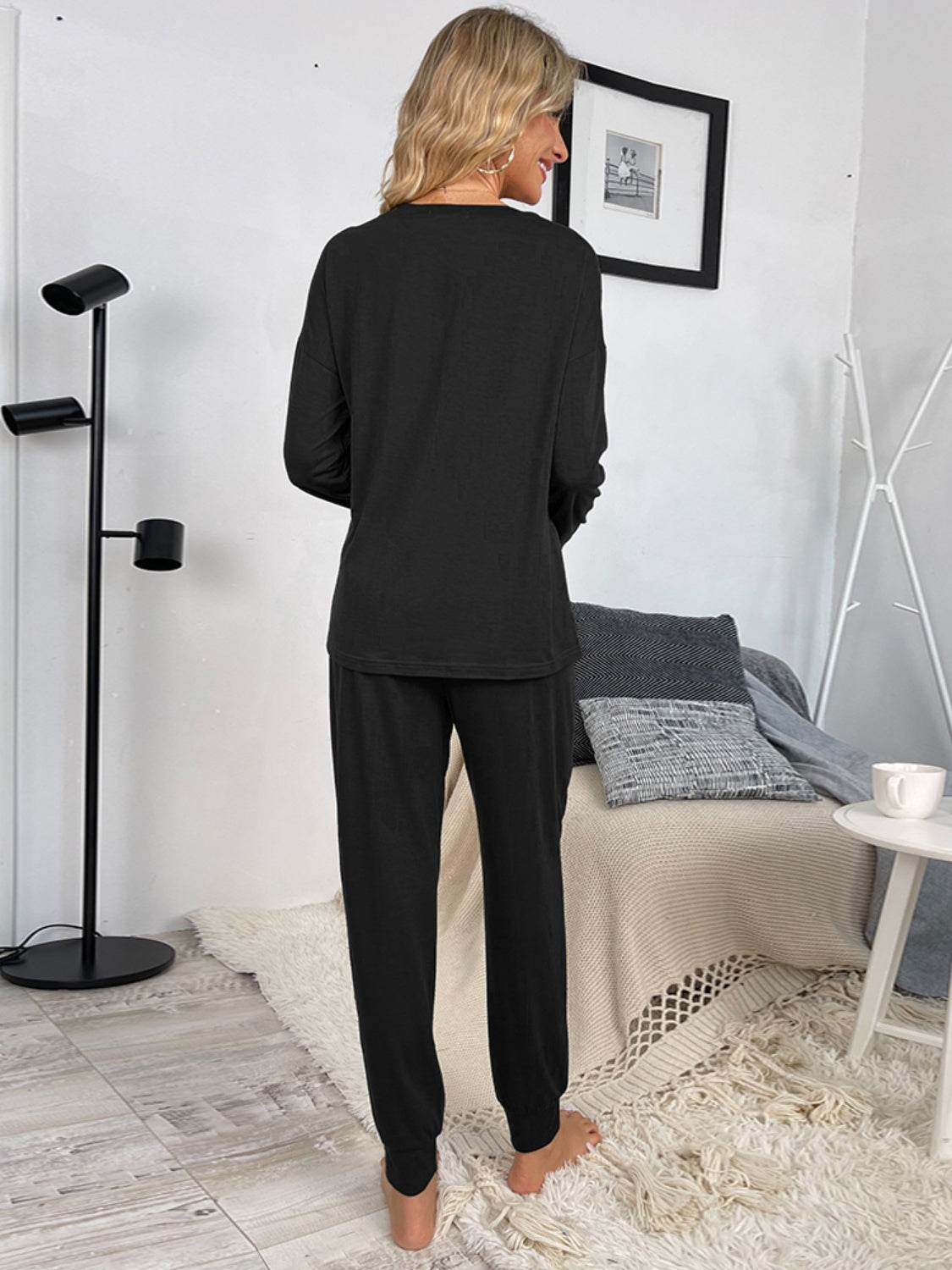 Shiny Round Neck Top and Drawstring Pants Lounge Set - DaTrendStore.Com