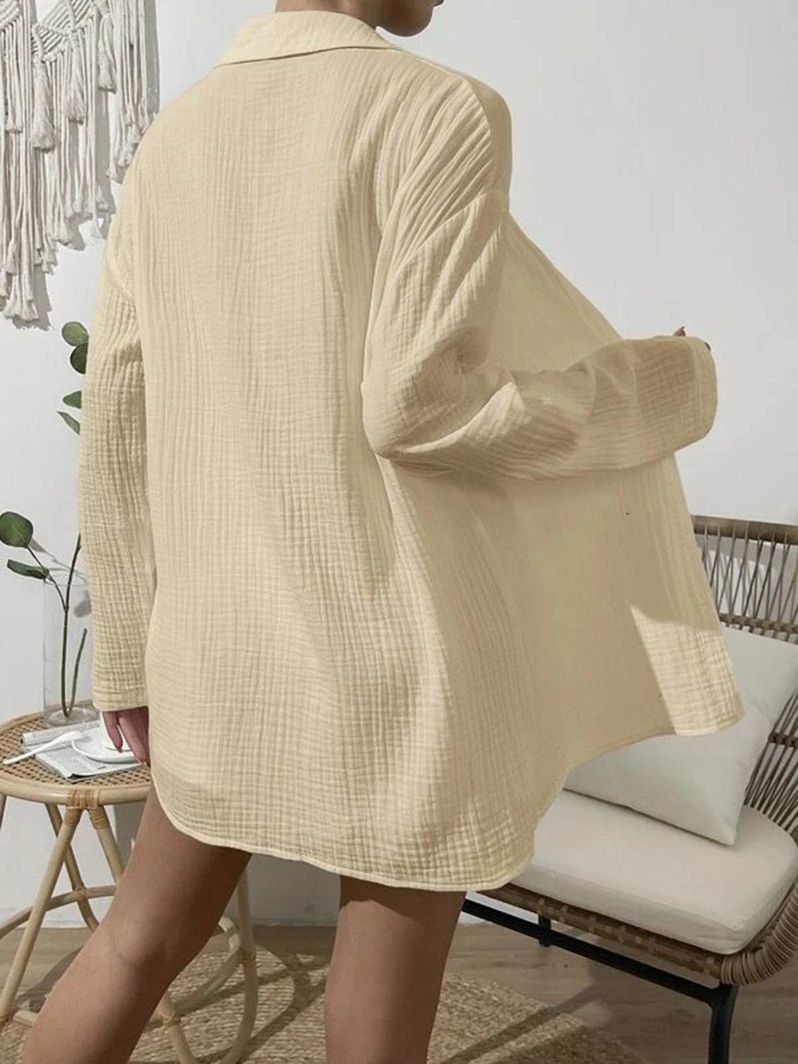Dropped Shoulder Button Up Top and Elastic Waist Shorts Set - DaTrendStore.Com