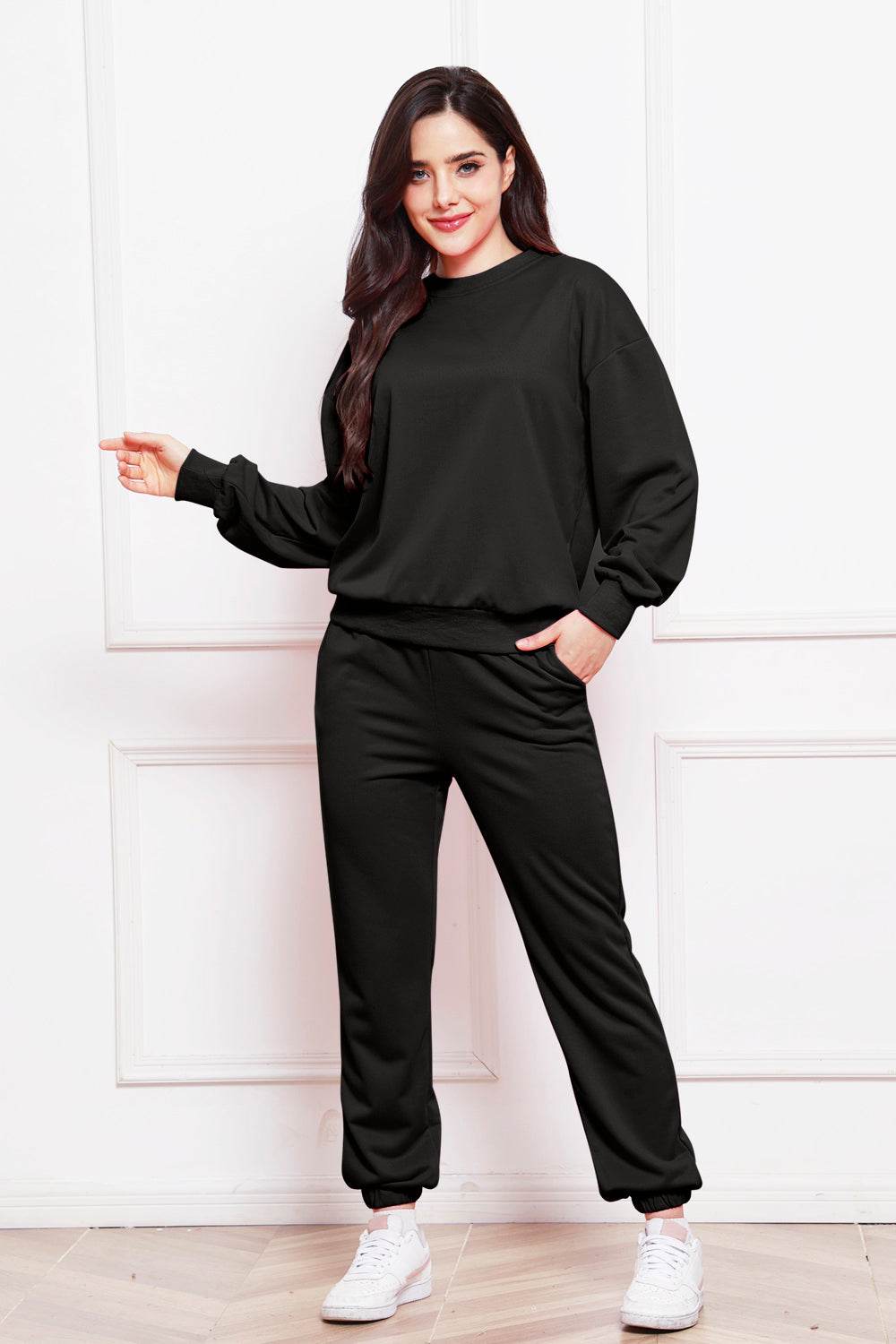 Round Neck Long Sleeve Sweatshirt and Pants Set - DaTrendStore.Com