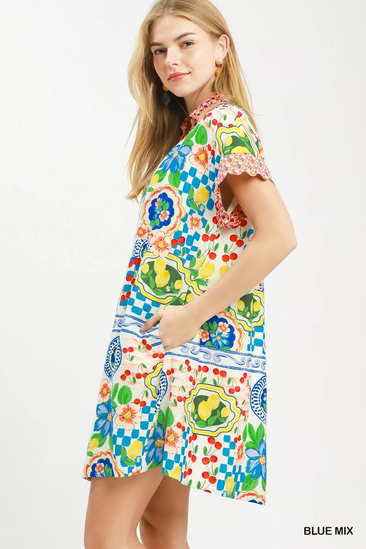 Umgee Mediterranean Print Dress with Contrast Printed Trim - Blue Mix