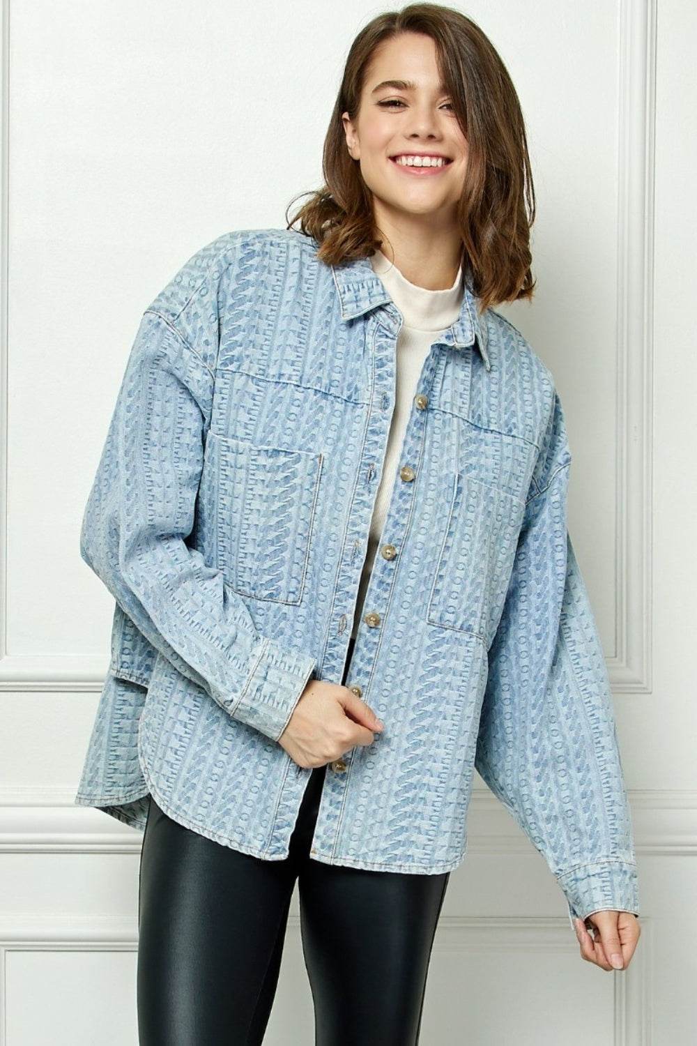 Veveret Button Up Dropped Shoulder Denim Top - DaTrendStore.Com