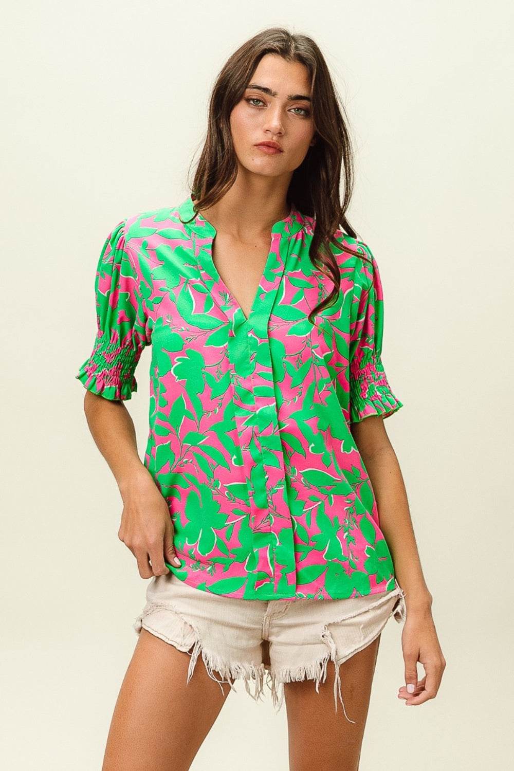BiBi Smocked Cuff Floral Contrast Top - DaTrendStore.Com