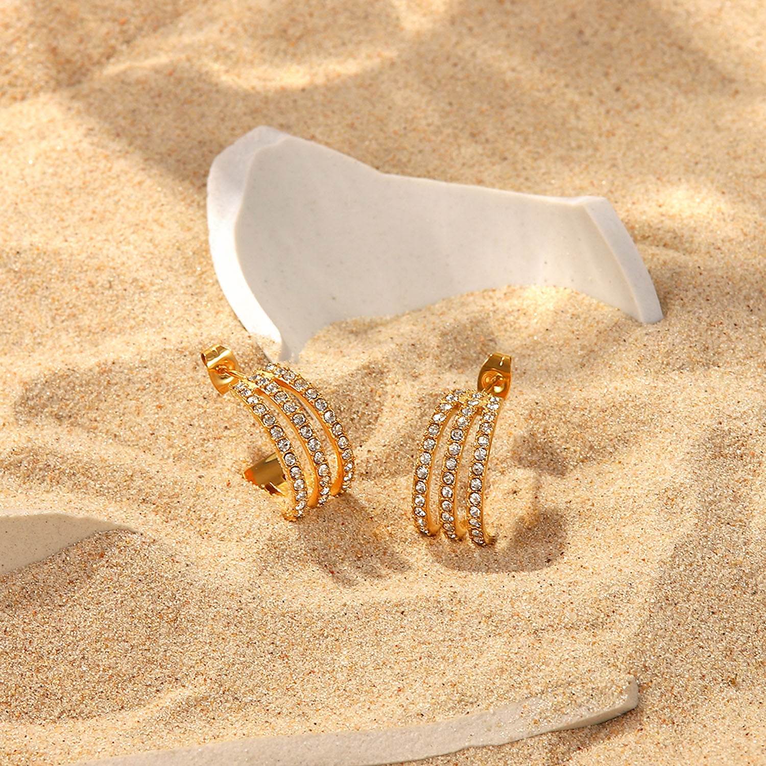 Stainless Steel Inlaid Zircon C-Hoop Earrings - DaTrendStore.Com