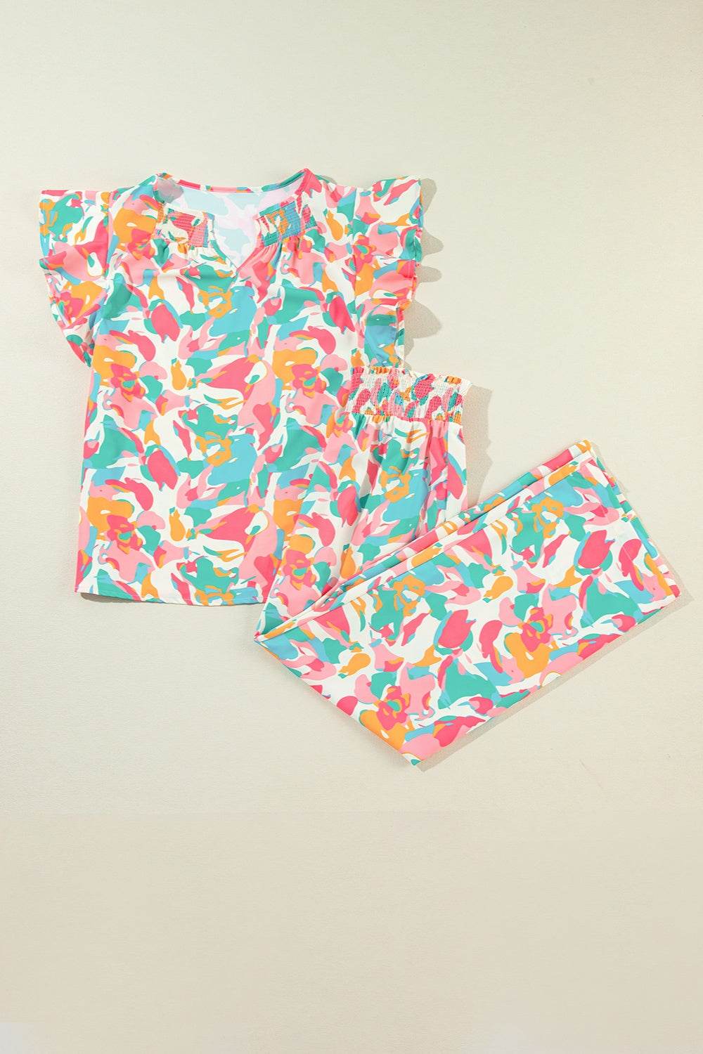 Printed Notched Cap Sleeve Top and Pants Set - DaTrendStore.Com