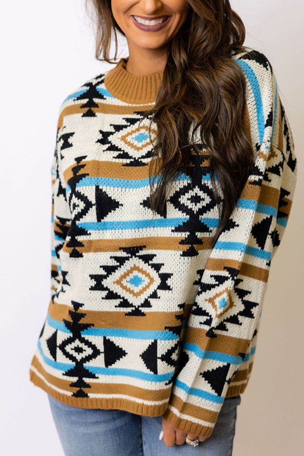 Geometric Round Neck Long Sleeve Sweater - DaTrendStore.Com
