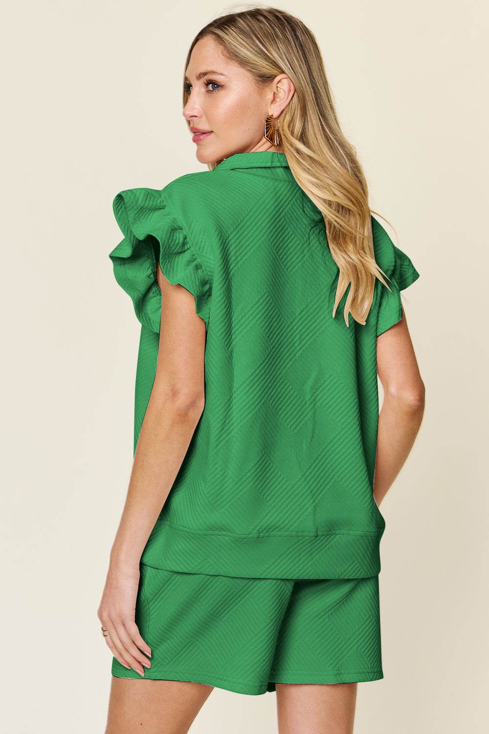 Double Take Full Size Texture Flounce Sleeve Top and Drawstring Shorts Set - DaTrendStore.Com