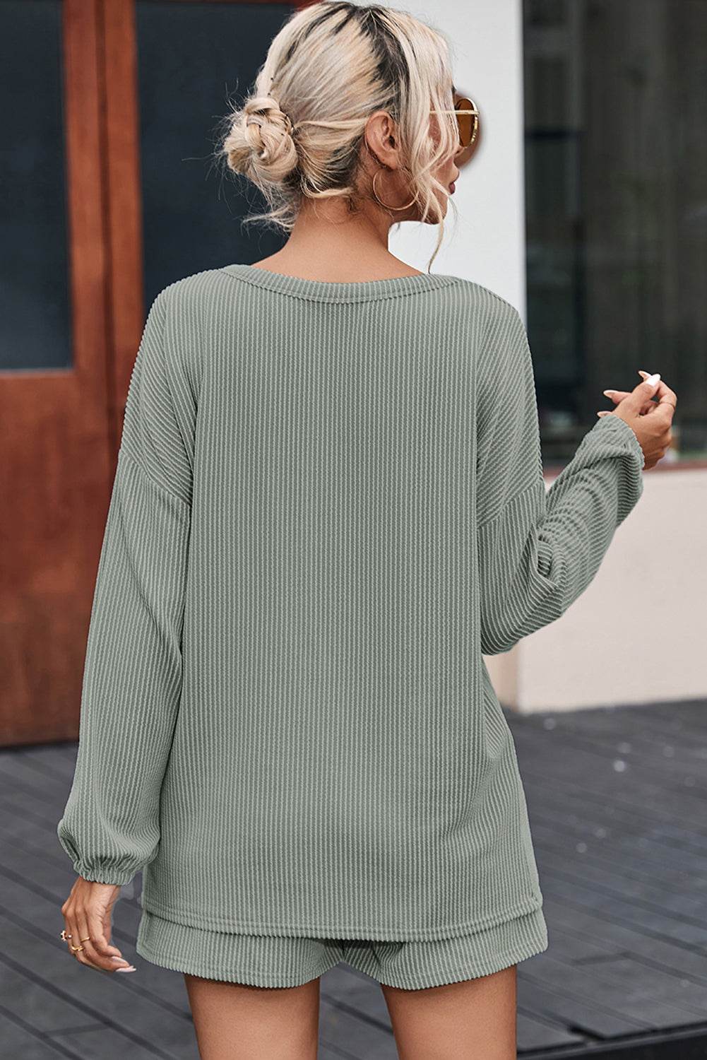 V-Neck Dropped Shoulder Top and Shorts Set - DaTrendStore.Com