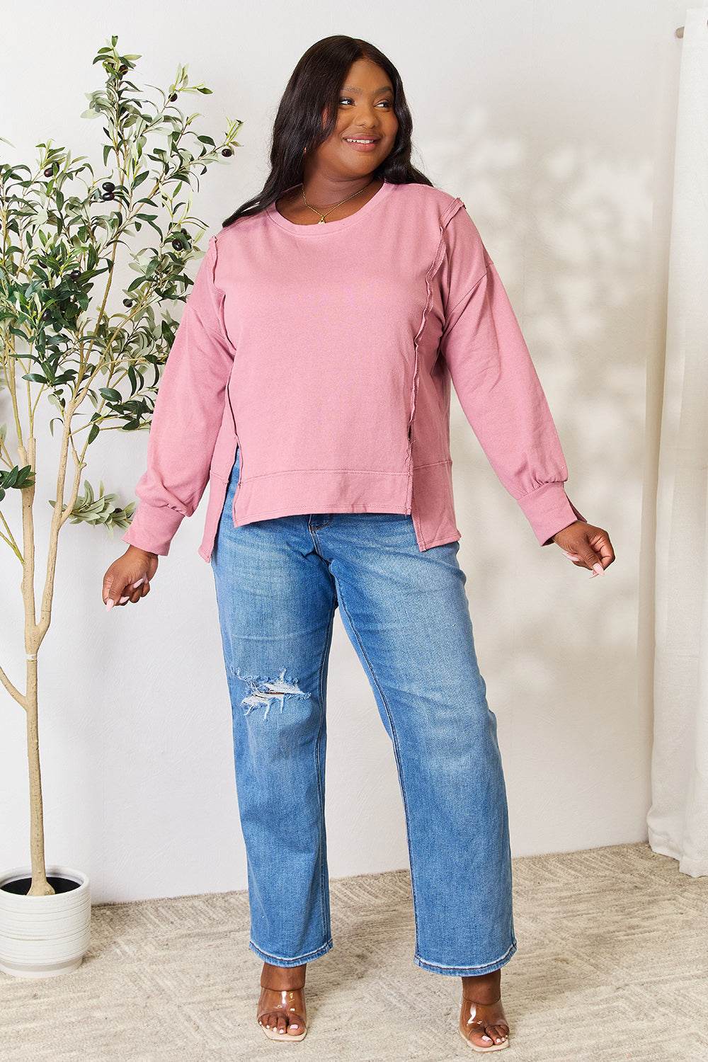 Culture Code Full Size Round Neck Exposed Seam Slit Top - DaTrendStore.Com