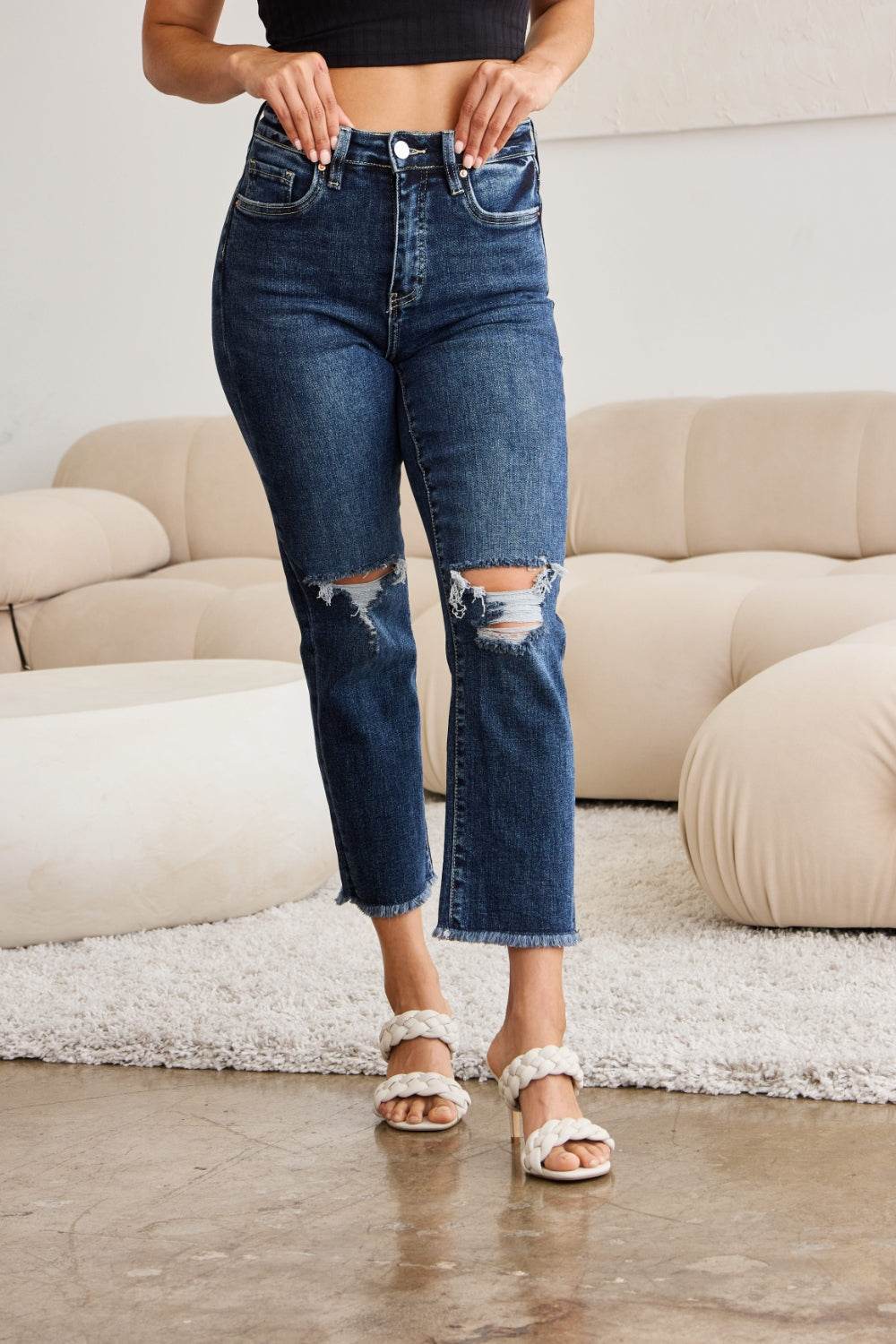 RFM Crop Dylan Full Size Tummy Control Distressed High Waist Raw Hem Jeans - DaTrendStore.Com