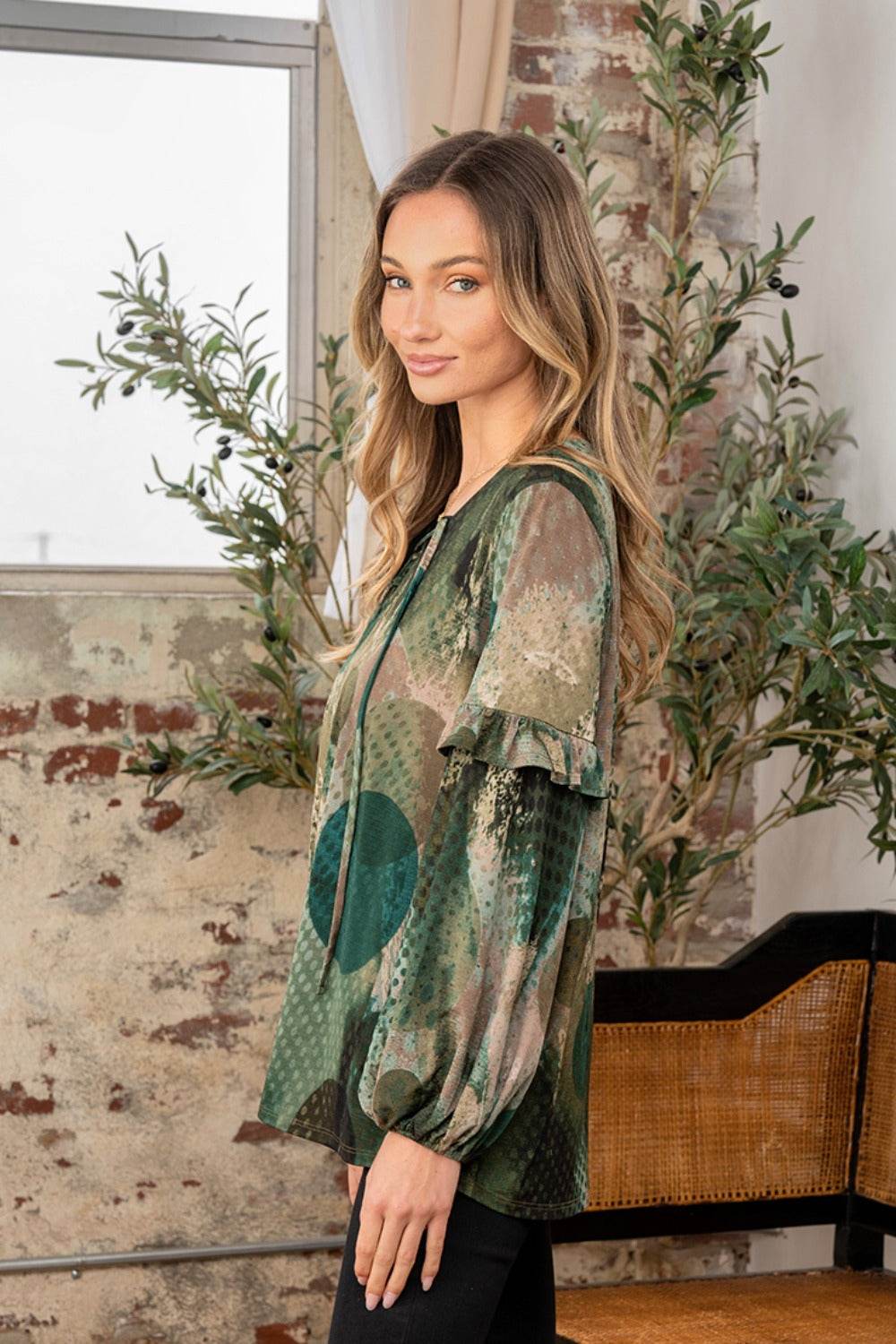 Sew In Love Full Size Snakeskin Print Long Sleeve Top with Ruffle - DaTrendStore.Com